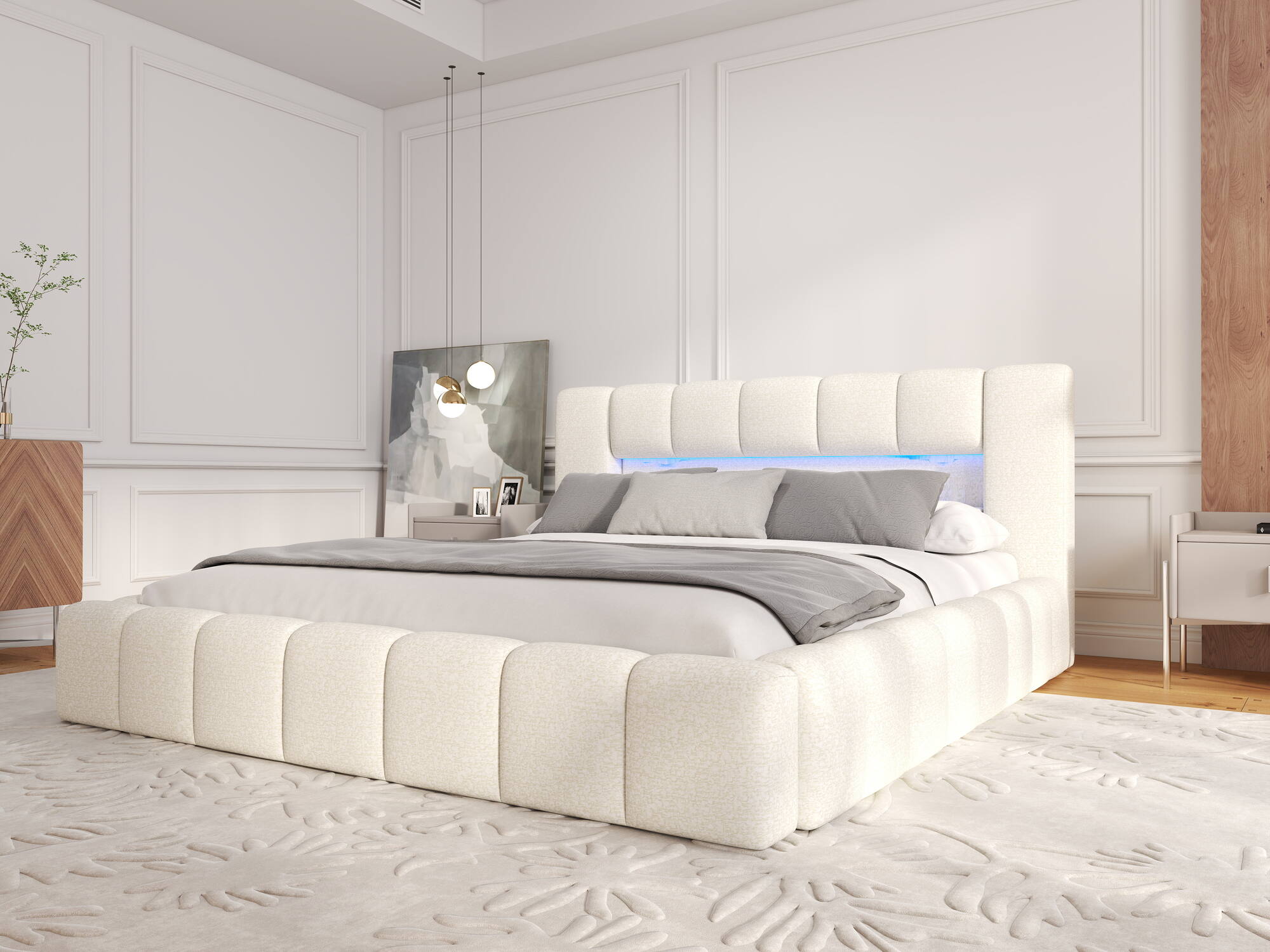 Pat dormitor dumonde, tapitat bej, Palermo 180x200 cm, somiera rabatabila inclusa, spatiu depozitare