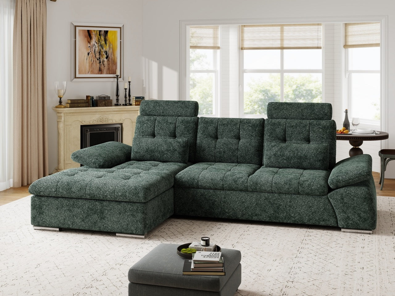 Colțar extensibil dumonde cu ladă de depozitare și șezut confortabil din spumă HR, Merkur Euphoria Verde 270x168 cm