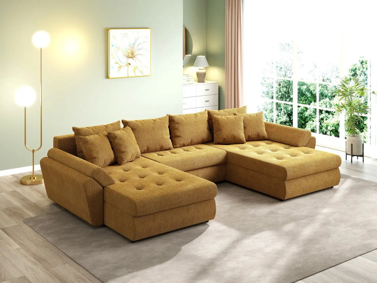 Colțar extensibil dumonde cu ladă de depozitare si sezut confortabil din spuma HR, Loana U Zoom Mustar 355x185 cm Fabrica