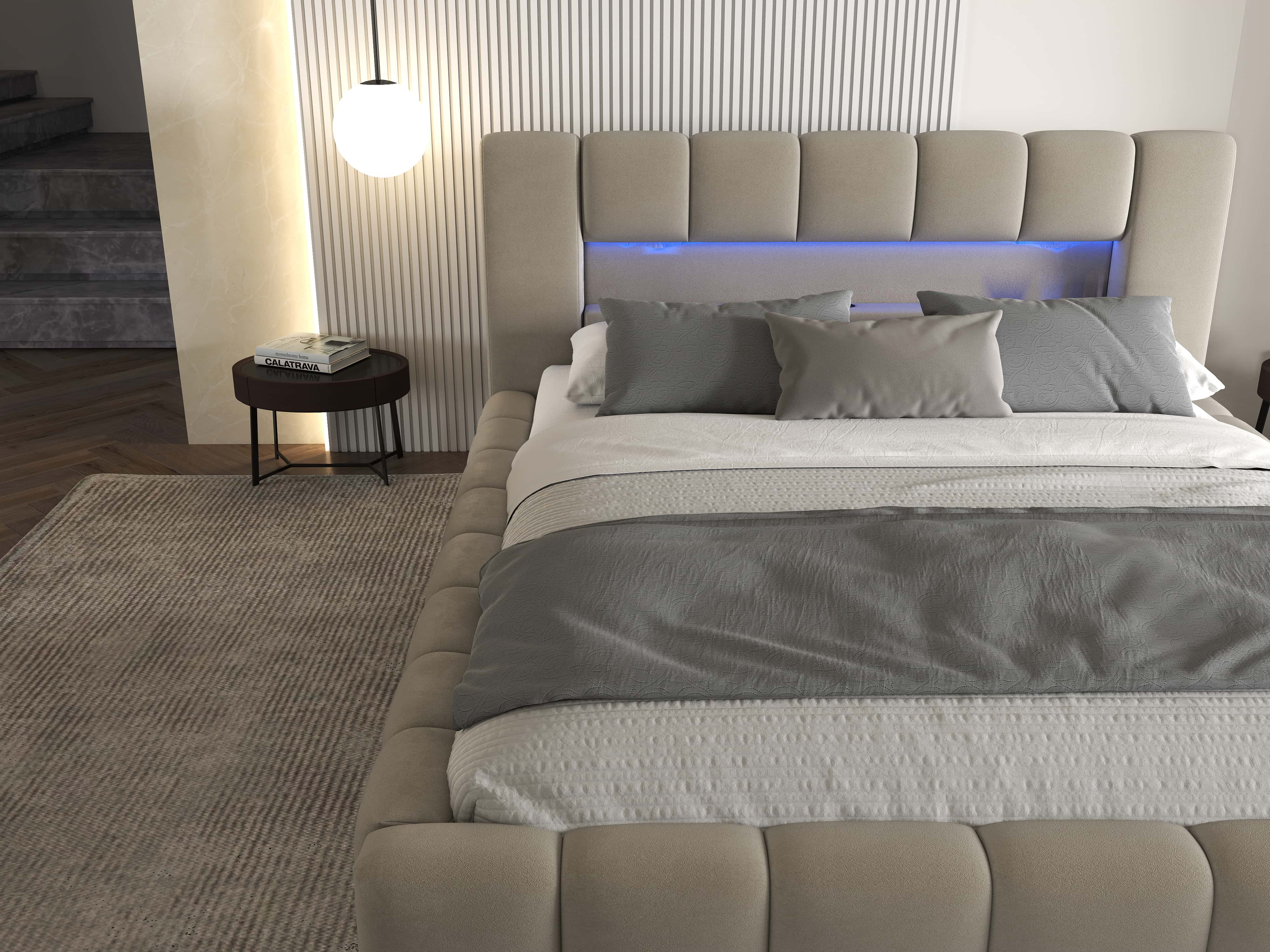 Pat dormitor dumonde, tapitat bej cu LED si USB, Palermo 180x200 cm, somiera rabatabila inclusa, spatiu depozitare
