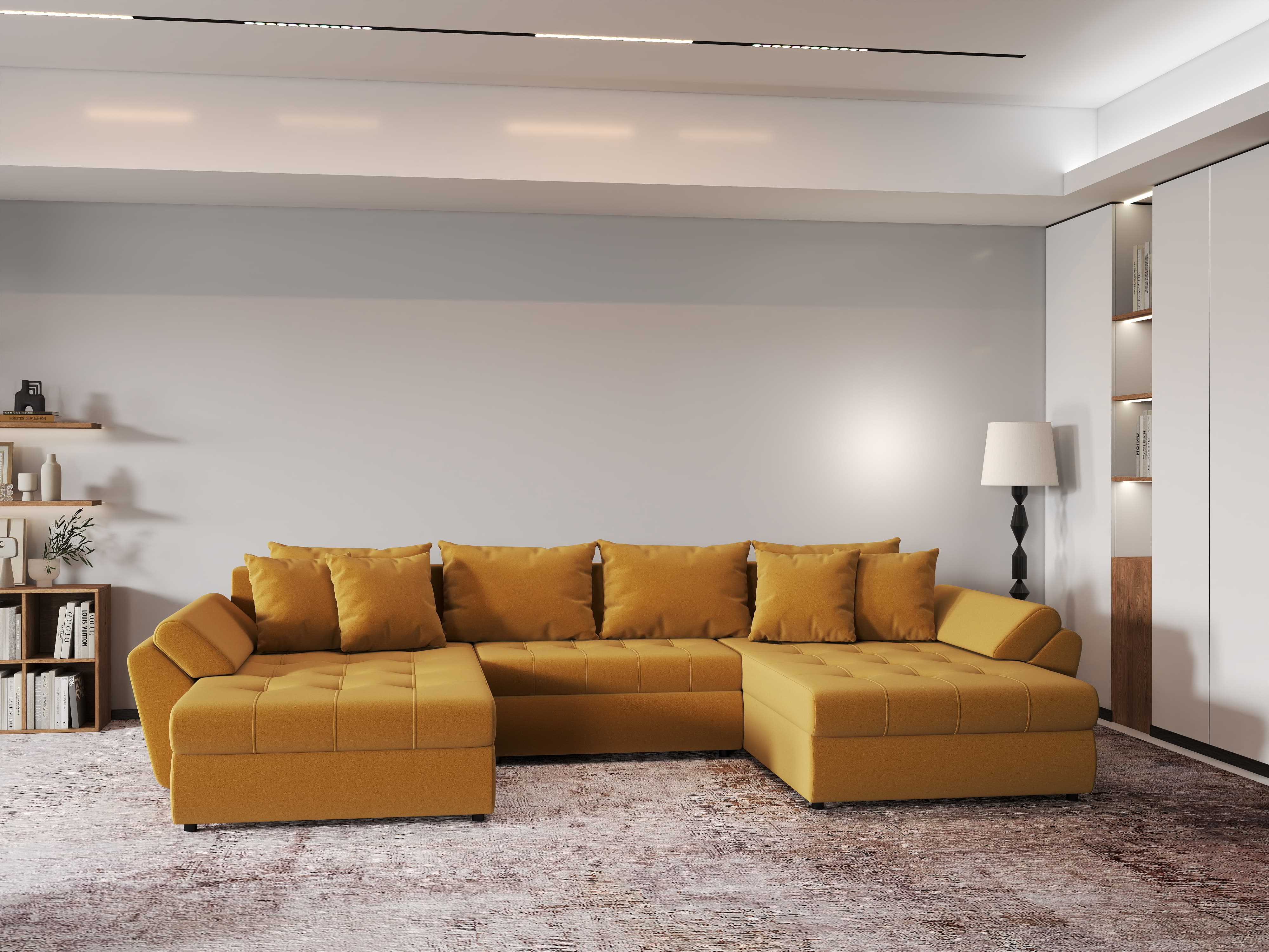 Colțar extensibil dumonde cu ladă de depozitare si sezut confortabil din spuma HR, Loana Royal Mustar U 355x185 cm Fabrica