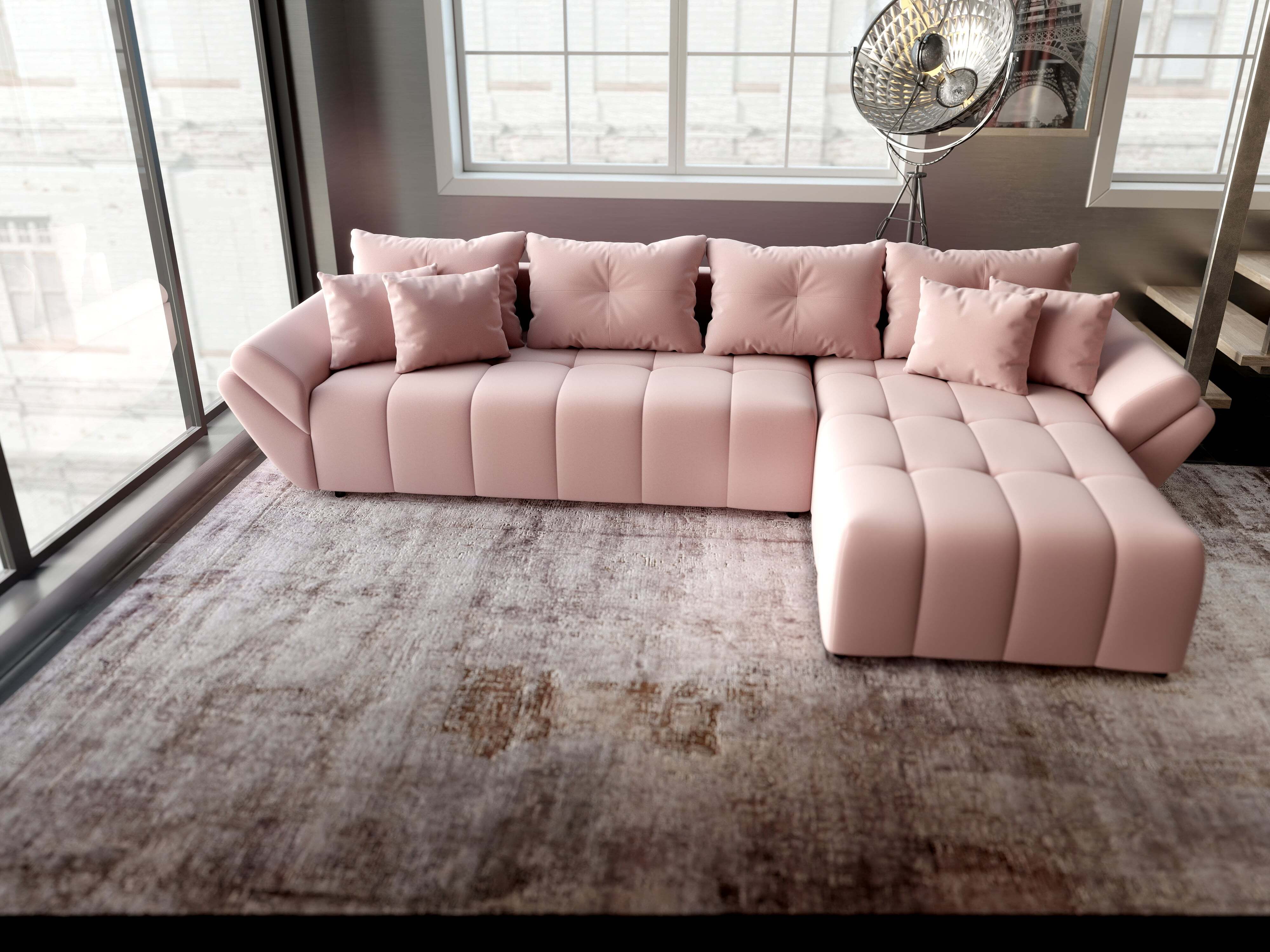 Colțar extensibil dumonde cu ladă de depozitare si sezut confortabil din spuma HR, Berlin XL Royal Roz 350x185 cm II Fabrica