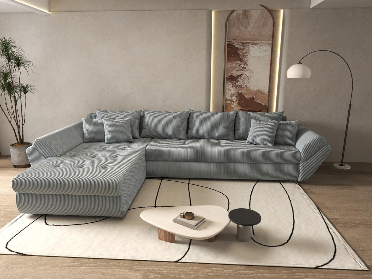 Colțar extensibil dumonde cu ladă de depozitare si sezut confortabil din spuma HR, Loana XL Zoom Gri 335x185 cm Fabrica