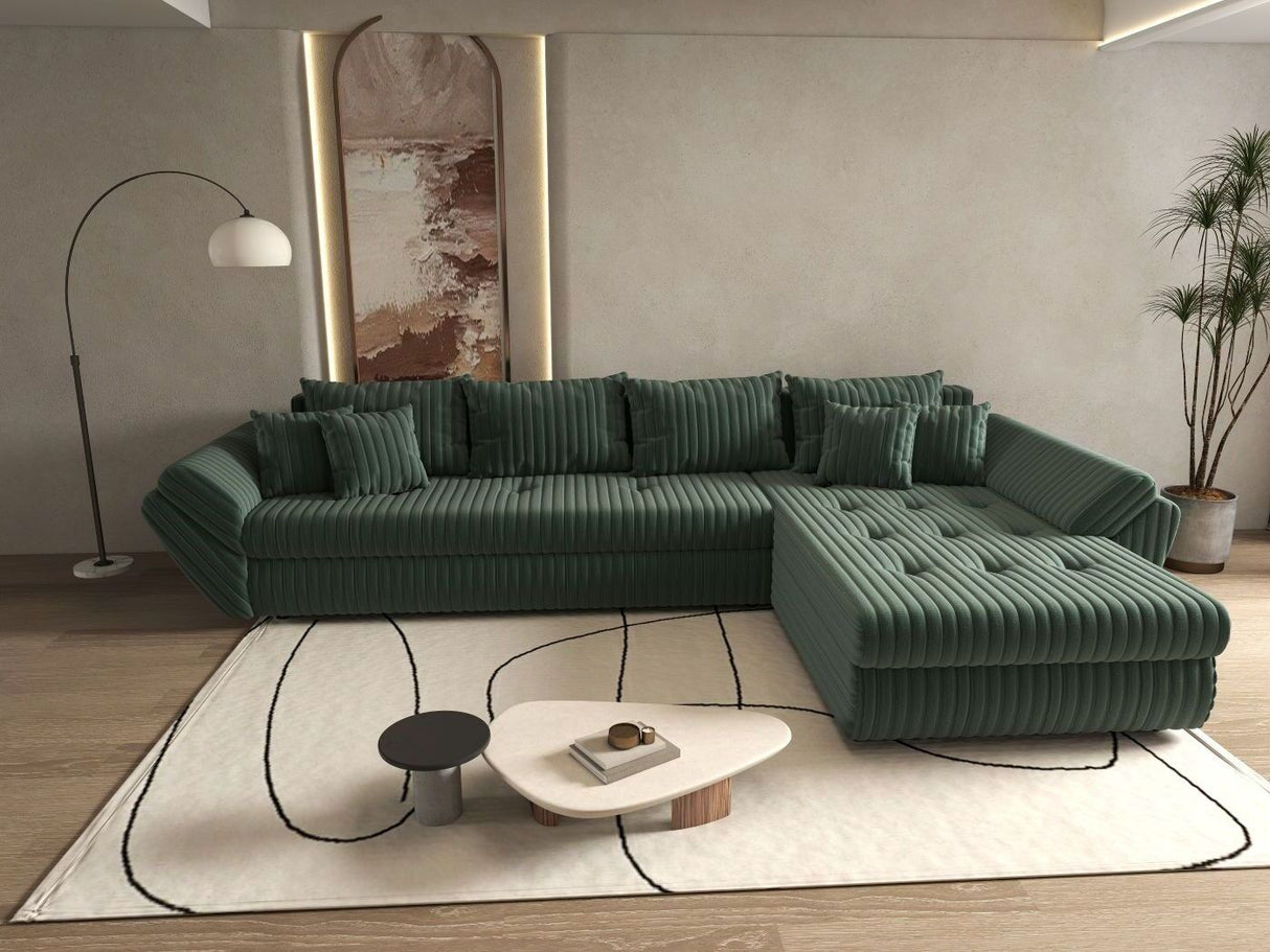 Colțar extensibil dumonde cu ladă de depozitare si sezut confortabil din spuma HR, Loana XL Ambience Verde II 335x185 cm Fabrica
