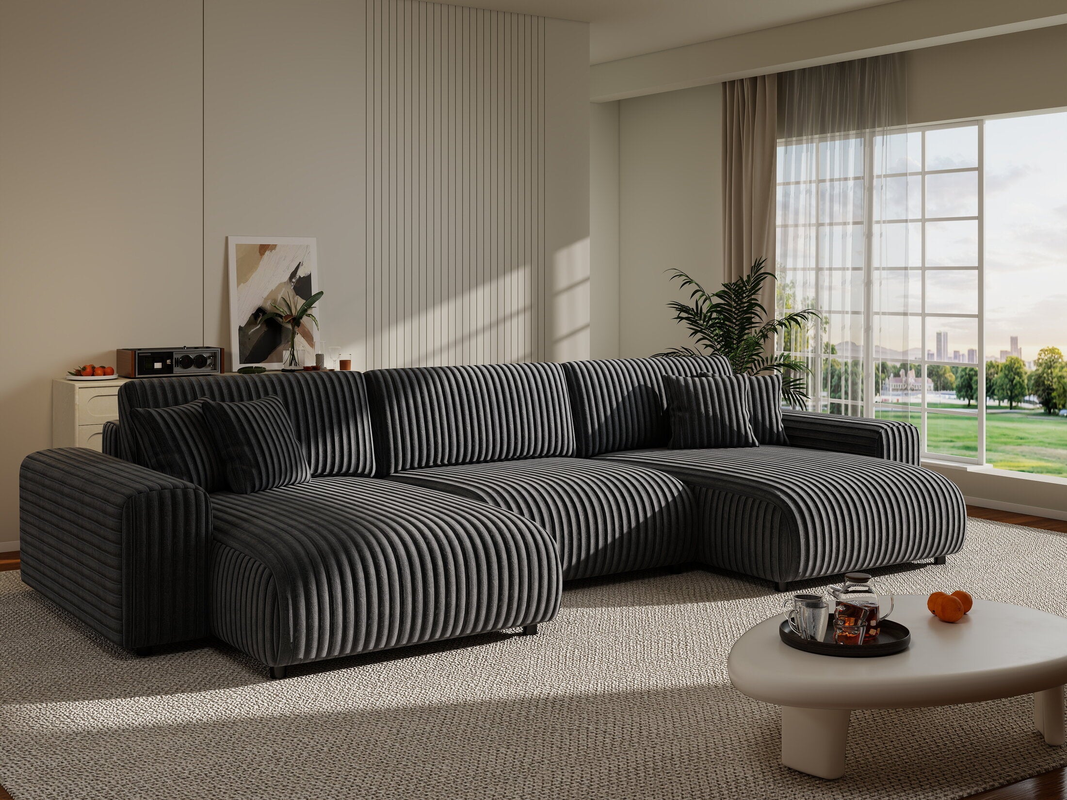 Colțar extensibil dumonde cu ladă de depozitare si sezut confortabil din spuma HR, Sarina U Ambience Gri 350x168 cm