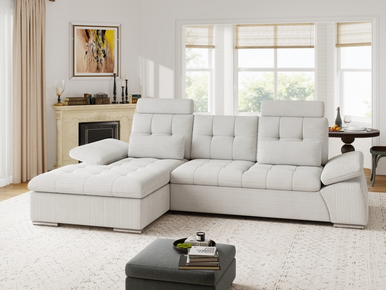 Colțar extensibil dumonde cu ladă de depozitare și șezut confortabil din spumă HR, Merkur Zoom Gri 270x168 cm