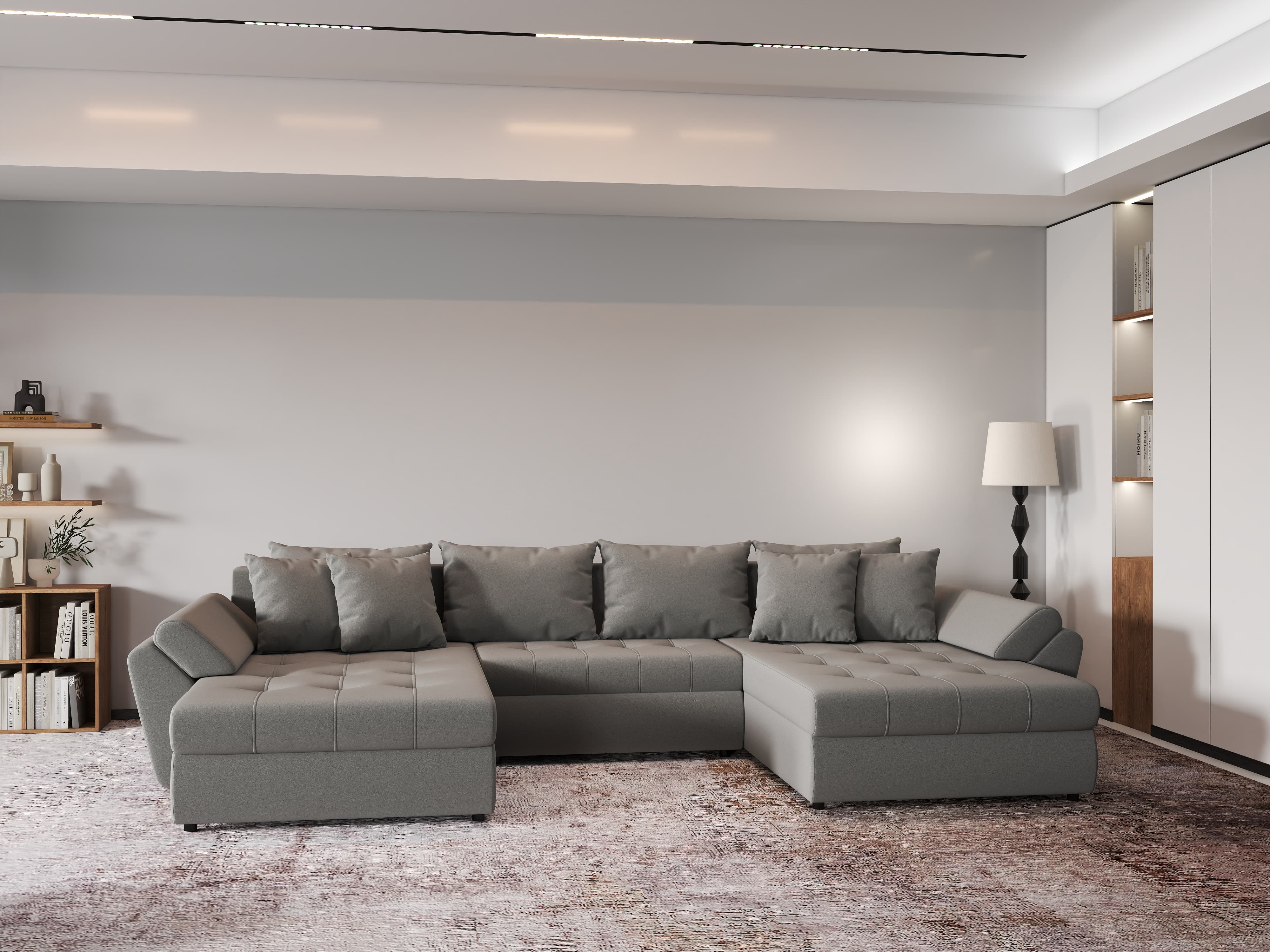 Colțar extensibil dumonde cu ladă de depozitare si sezut confortabil din spuma HR, Loana Royal Gri U 355x185 cm Fabrica