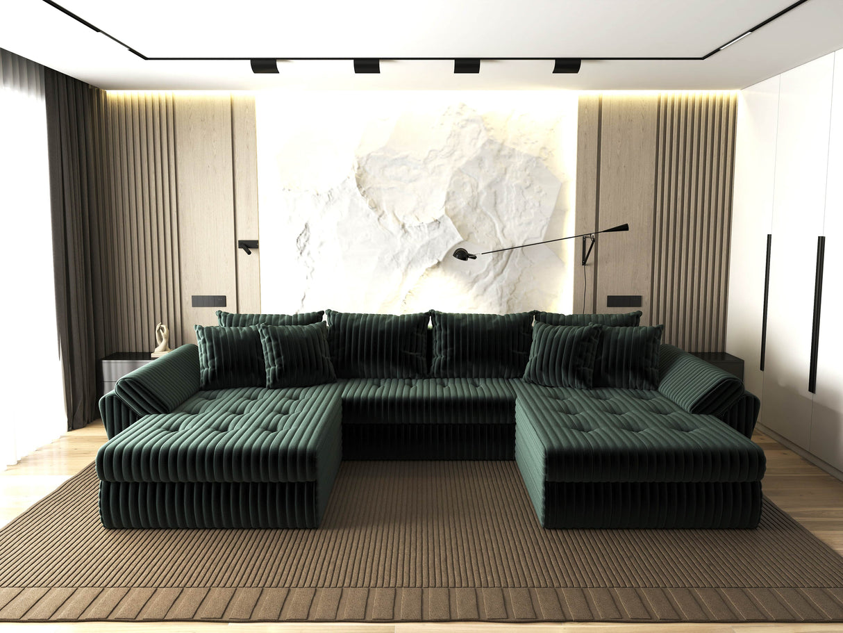 Colțar extensibil dumonde cu ladă de depozitare si sezut confortabil din spuma HR, Loana U Verde Ambience 355x185 cm Fabrica