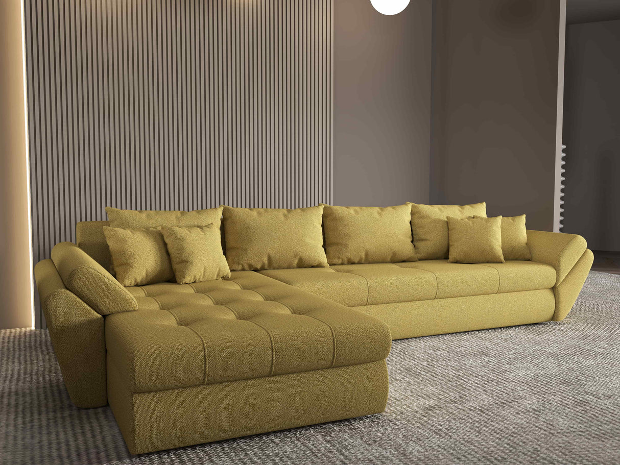 Colțar extensibil dumonde cu ladă de depozitare si sezut confortabil din spuma HR, Loana XL Enjoy Melon 335x185 cm Fabrica