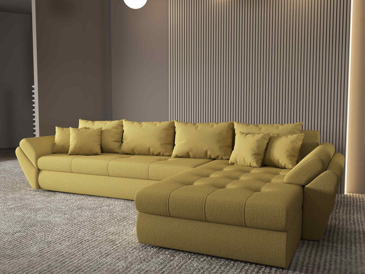 Colțar extensibil dumonde cu ladă de depozitare si sezut confortabil din spuma HR, Loana XL Enjoy Melon II 335x185 cm Fabrica