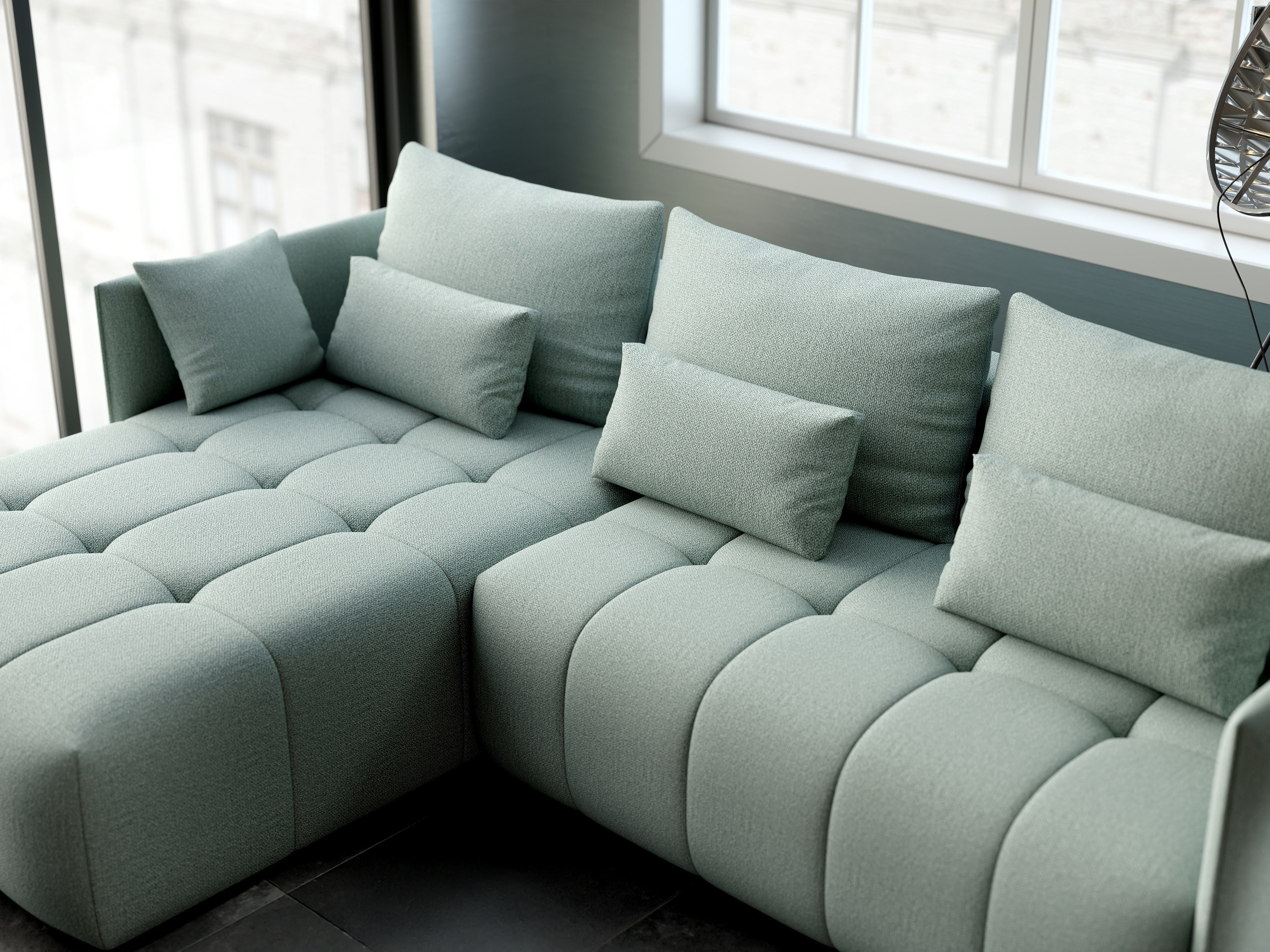 Colțar extensibil dumonde cu ladă de depozitare si sezut confortabil din spuma HR, Malta Mint 235x185 cm Fabrica