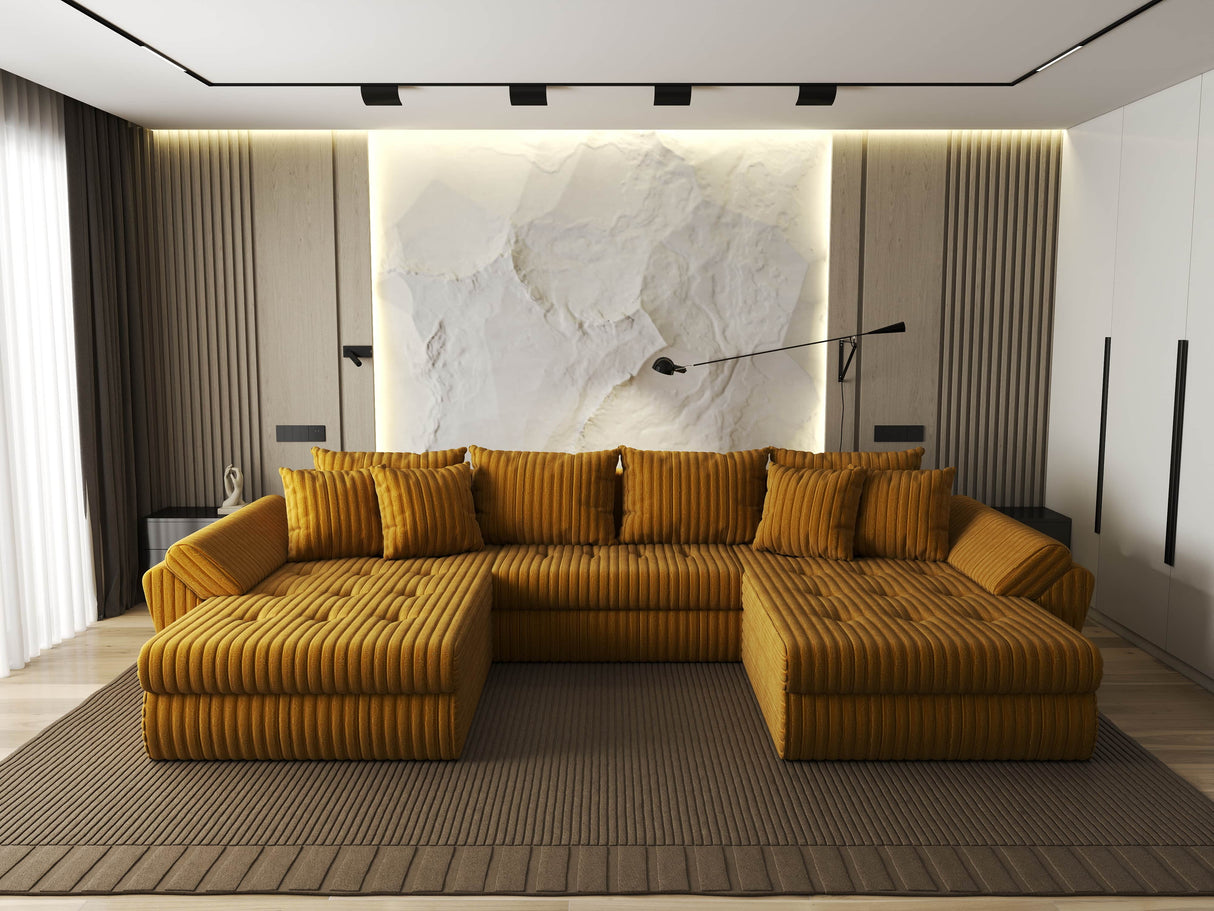 Colțar extensibil dumonde cu ladă de depozitare si sezut confortabil din spuma HR, Loana U Mustar Ambience 355x185 cm Fabrica