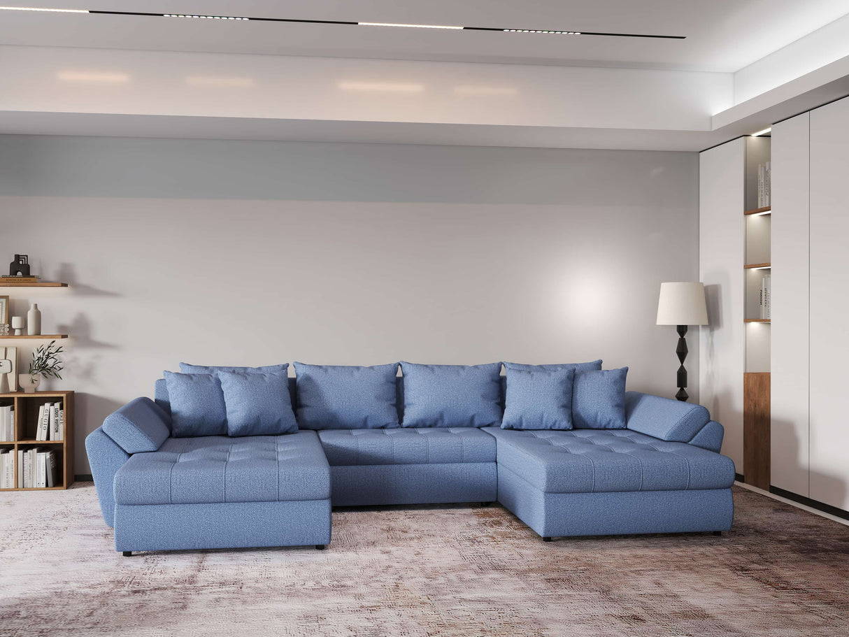 Colțar extensibil  dumonde cu ladă de depozitare si sezut confortabil din spuma HR, Loana Blue U 355x185 cm Fabrica