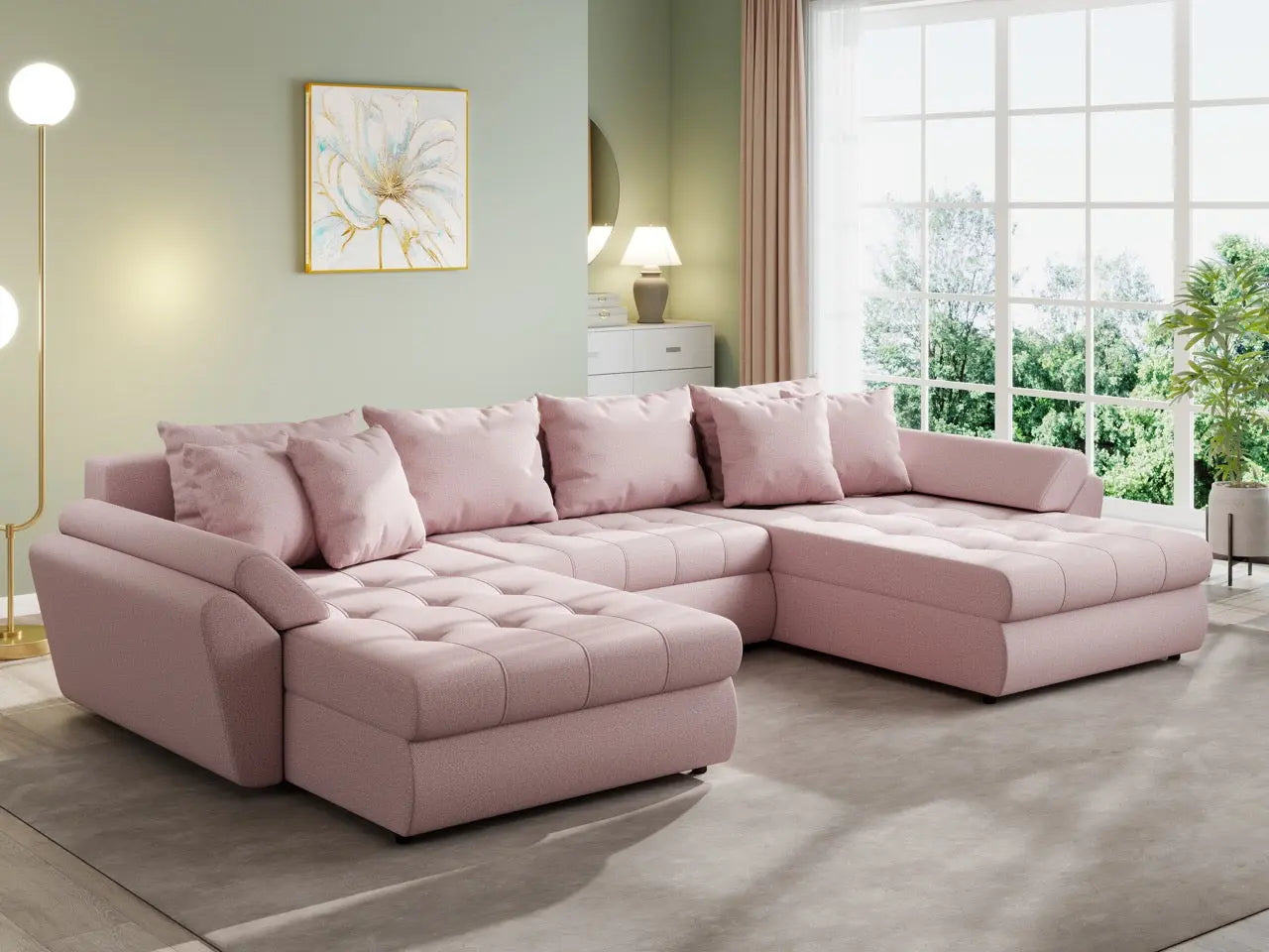 Colțar extensibil dumonde cu ladă de depozitare si sezut confortabil din spuma HR, Loana U Enjoy Flamingo 355x185 cm Fabrica