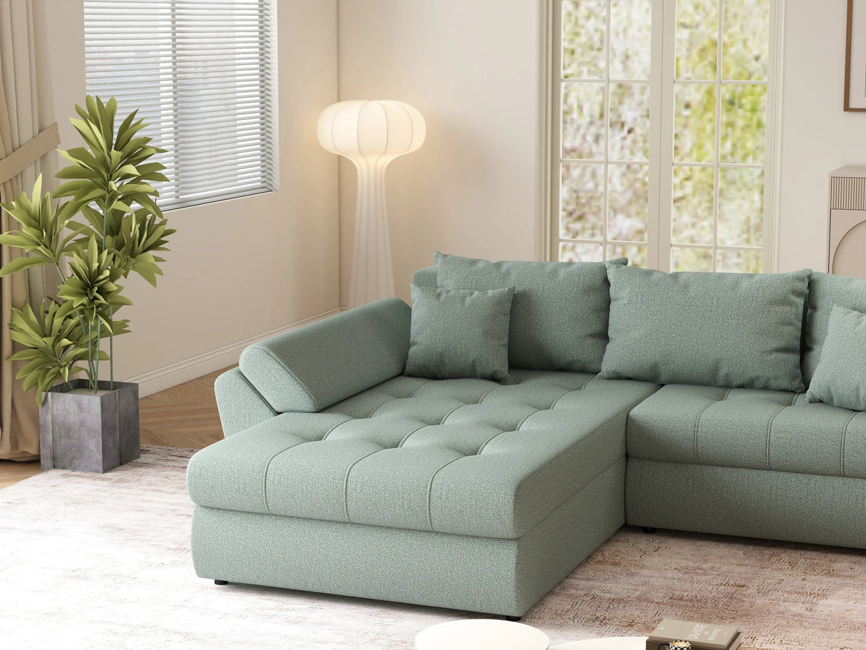 Colțar extensibil dumonde cu ladă de depozitare si sezut confortabil din spuma HR, Loana Mint 270x185 cm Fabrica