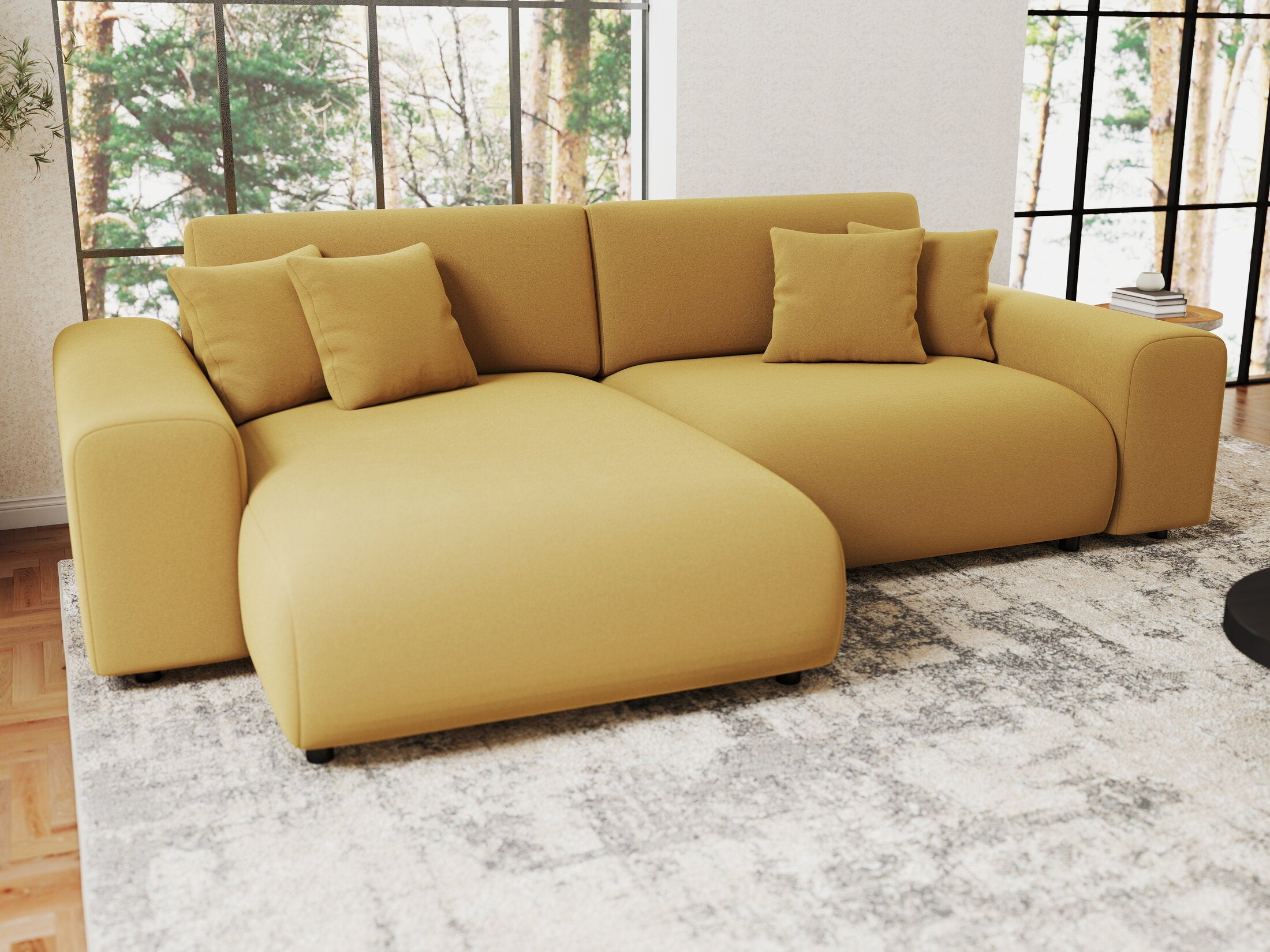 Colțar extensibil dumonde cu ladă de depozitare si sezut confortabil din spuma HR, Sarina Royal Mustar 255x168 cm