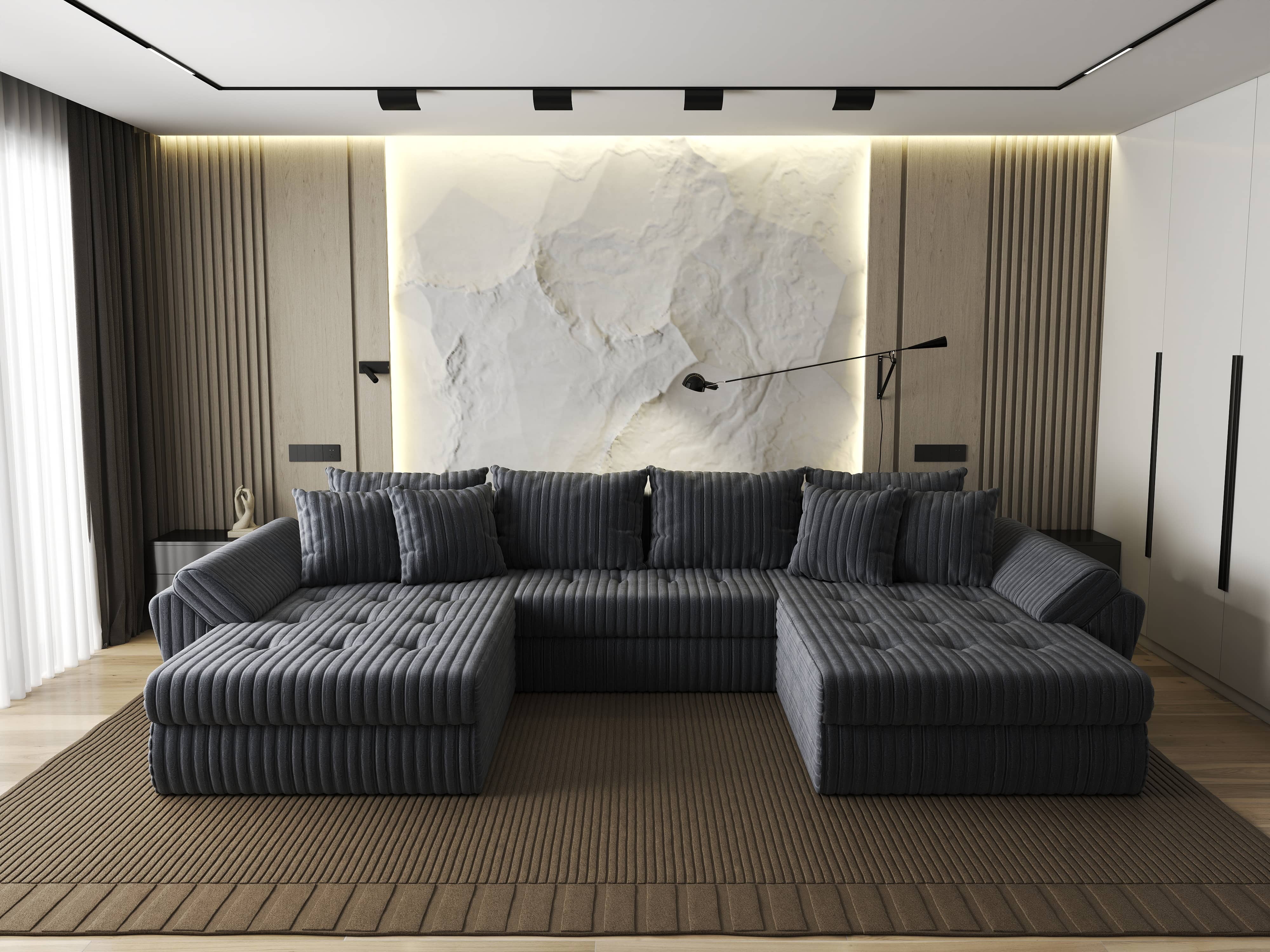 Colțar extensibil dumonde cu ladă de depozitare si sezut confortabil din spuma HR, Loana U Gri Ambience 355x185 cm Fabrica