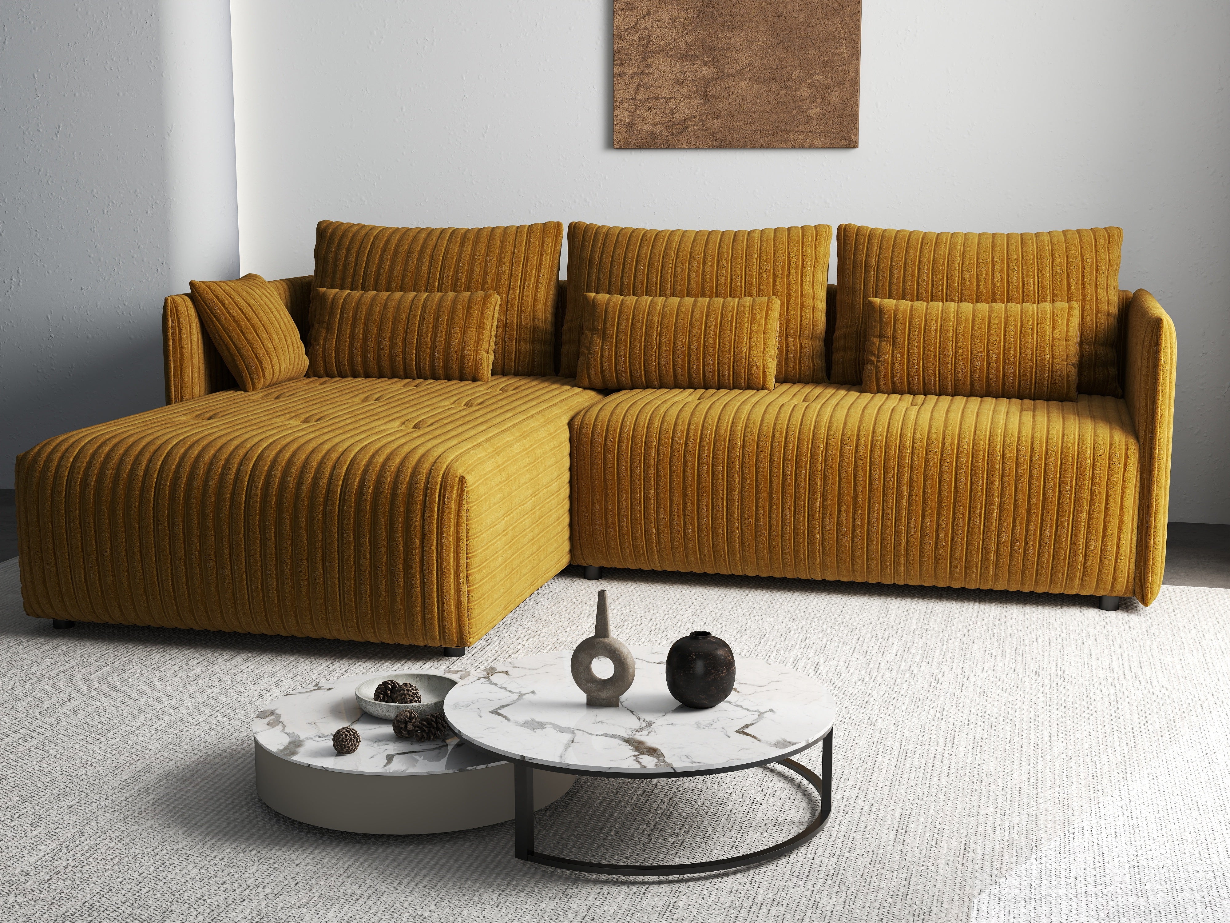 Colțar extensibil dumonde cu ladă de depozitare si sezut confortabil din spuma HR, Malta Ambience Mustard 235x185 cm Fabrica