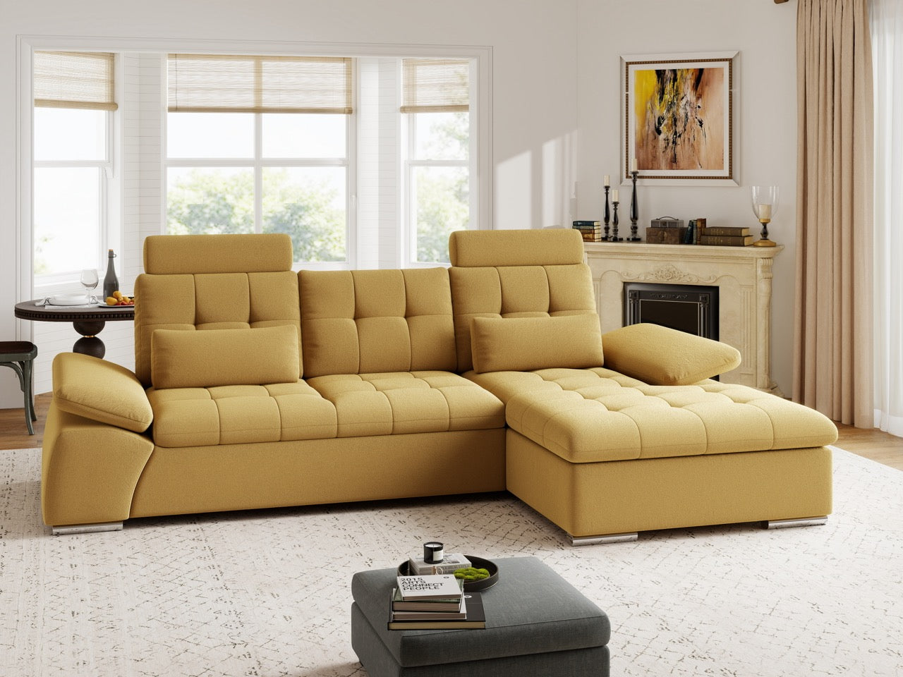 Colțar extensibil dumonde cu ladă de depozitare și șezut confortabil din spumă HR, Merkur Royal Mustar 270x168 cm II