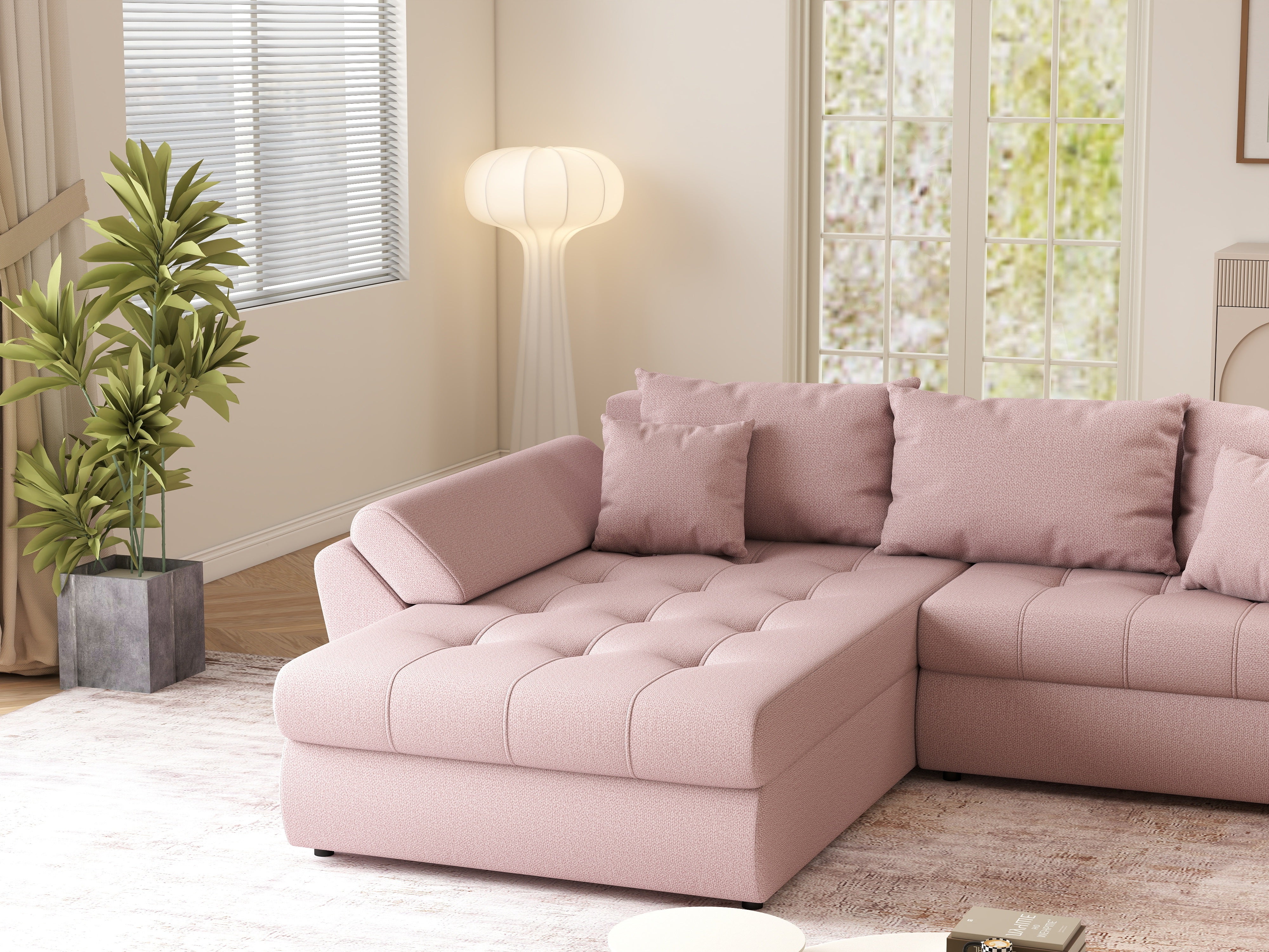 Colțar extensibil dumonde cu ladă de depozitare si sezut confortabil din spuma HR, Loana Roz 270x185 cm Fabrica
