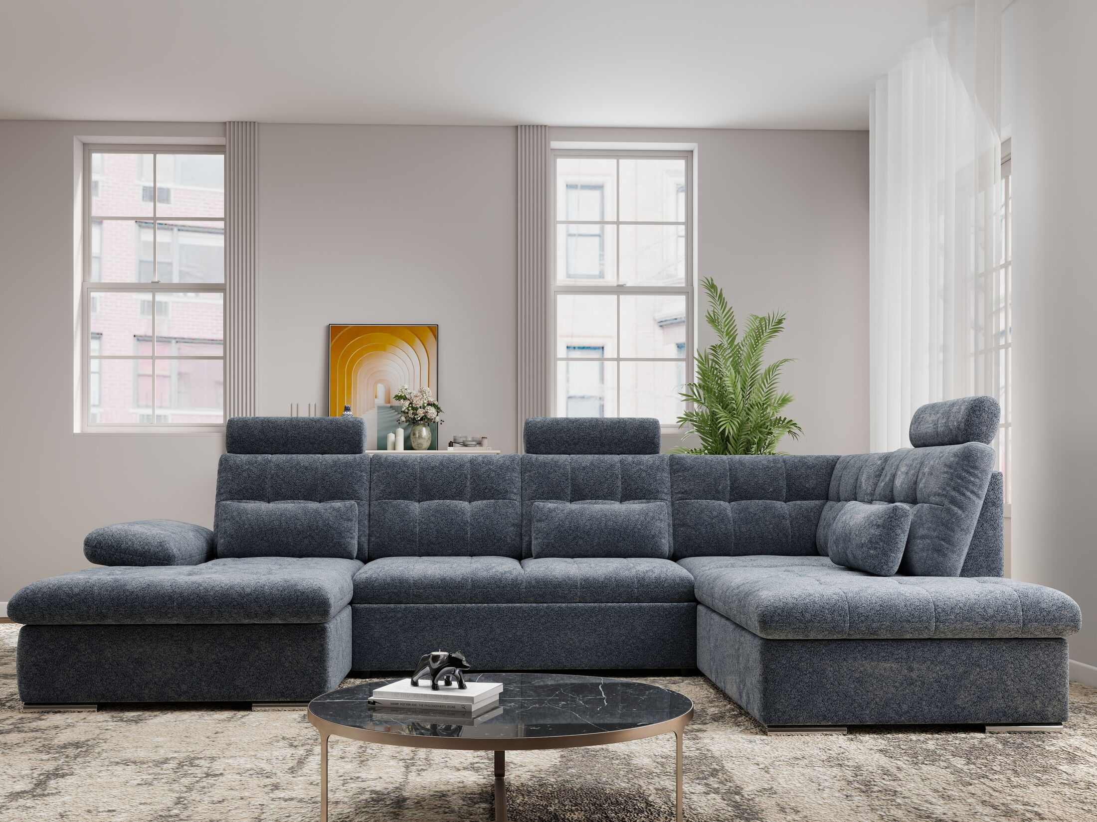 Colțar extensibil dumonde cu ladă de depozitare și șezut confortabil din spumă HR, Merkur U Euphoria Gri Grafit 324x218 cm