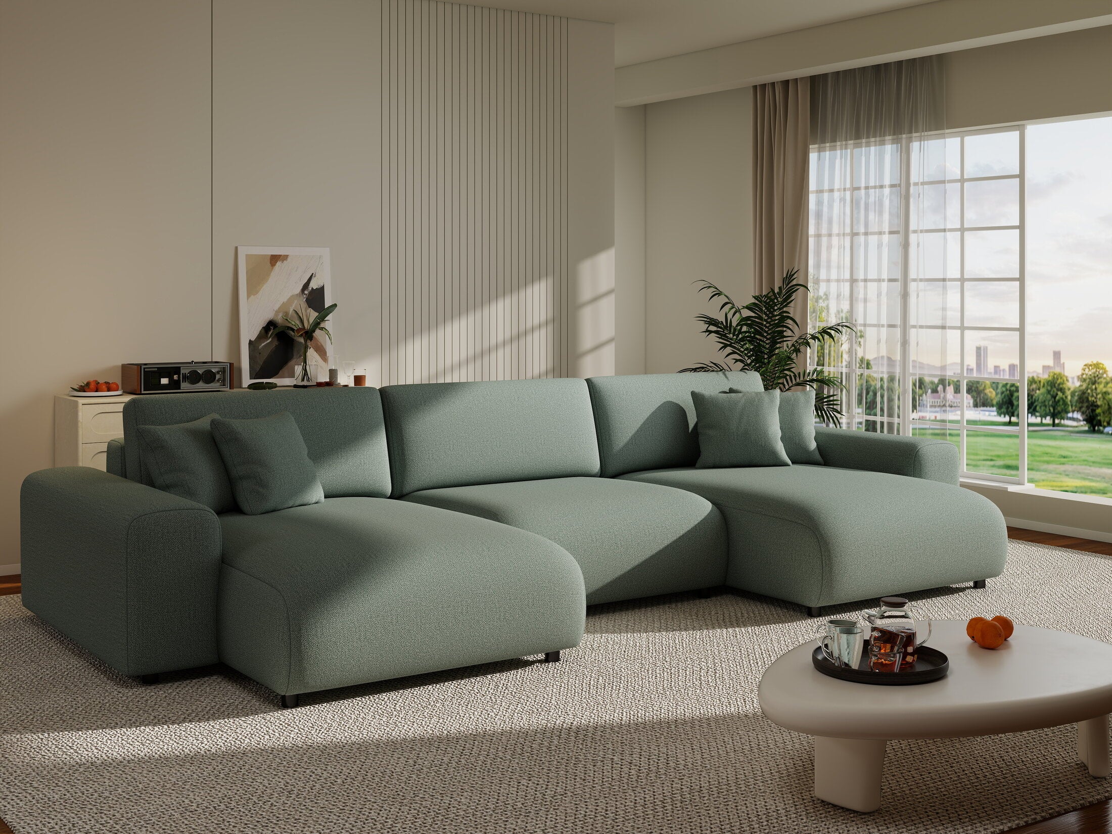 Colțar extensibil dumonde cu ladă de depozitare si sezut confortabil din spuma HR, Sarina U Enjoy Verde Mint 350x168 cm