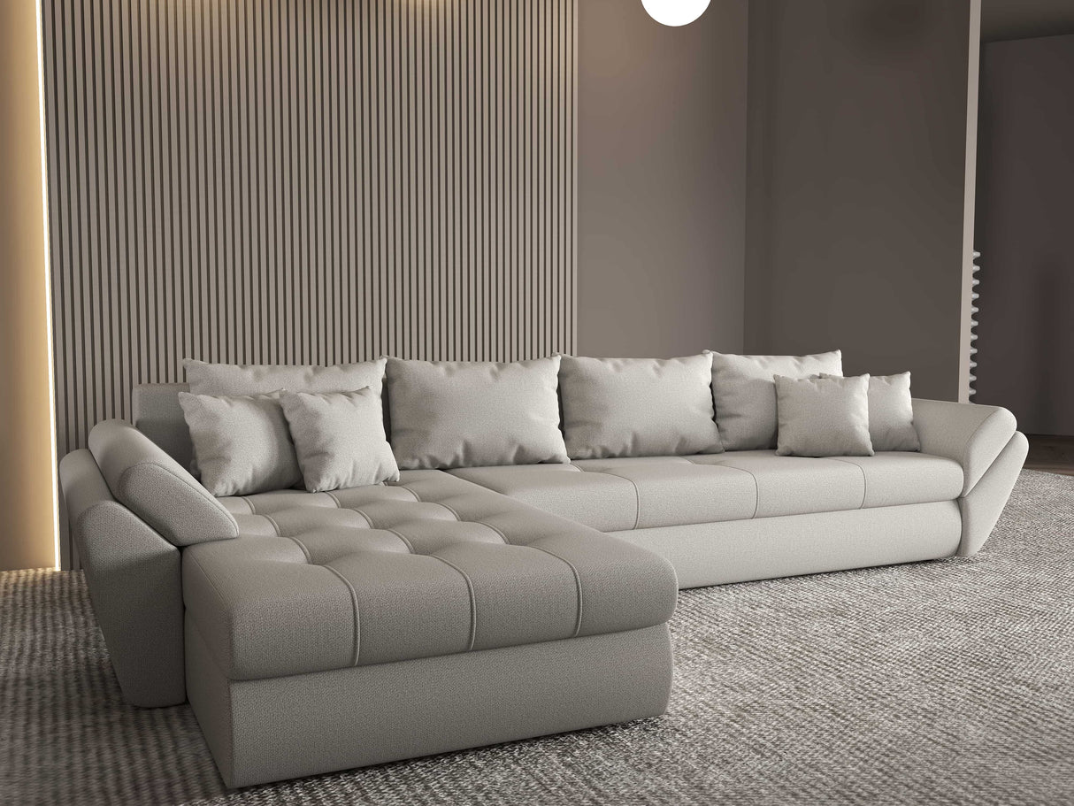 Colțar extensibil dumonde cu ladă de depozitare si sezut confortabil din spuma HR, Loana XL Enjoy Beige 335x185 cm Fabrica