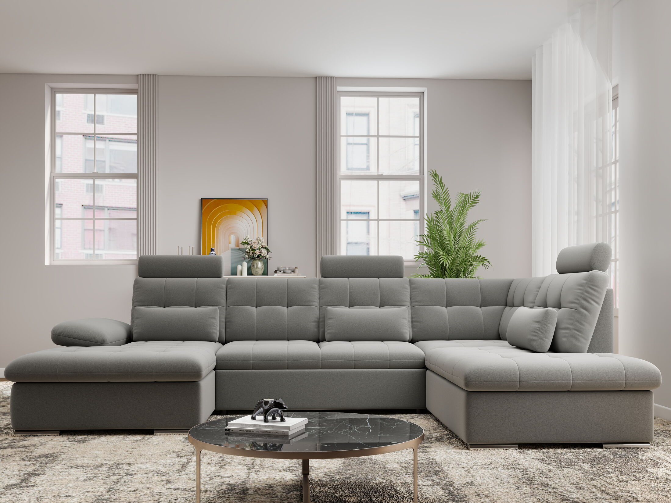 Colțar extensibil dumonde cu ladă de depozitare și șezut confortabil din spumă HR, Merkur U Royal Gri 324x218 cm