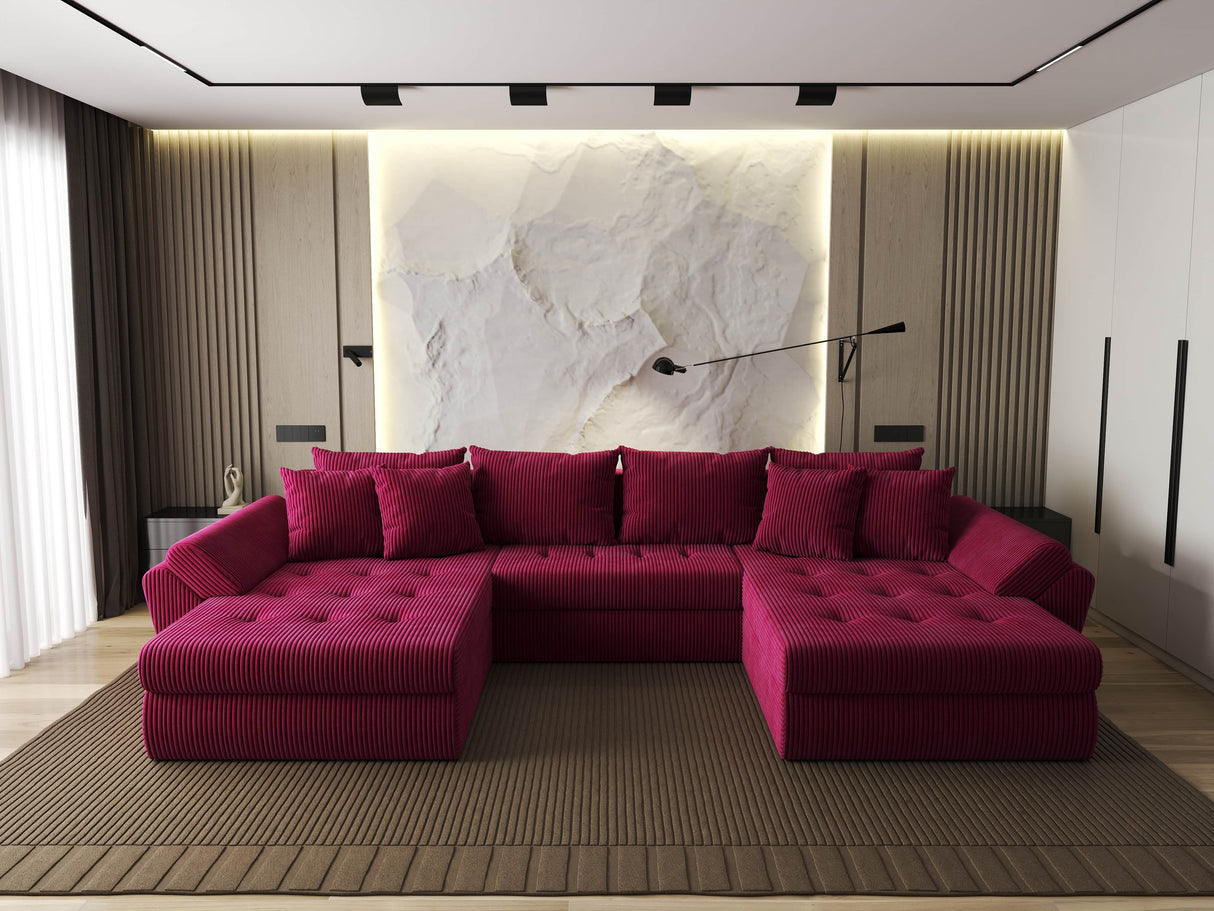Colțar extensibil dumonde cu ladă de depozitare si sezut confortabil din spuma HR, Loana U Bordeaux Zoom 355x185 cm Fabrica