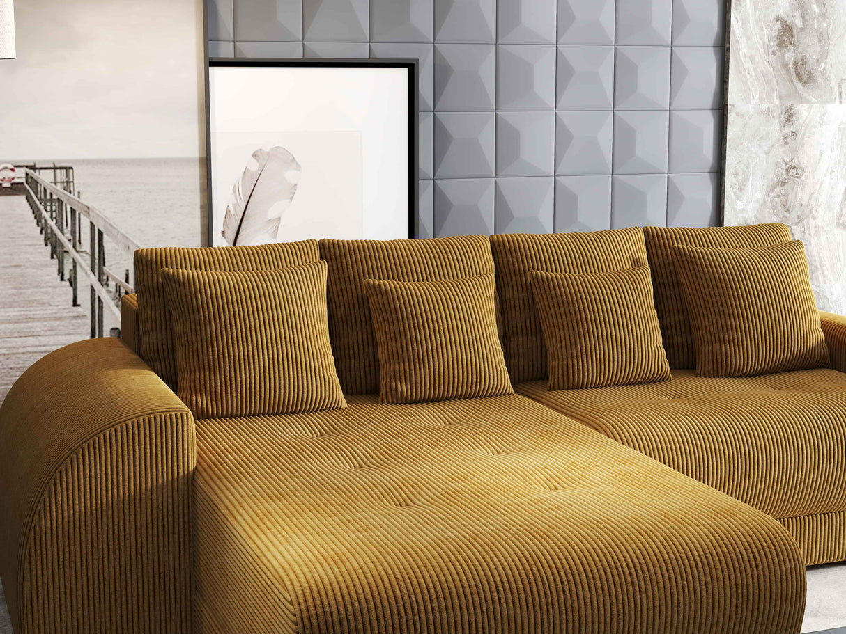 Colțar extensibil dumonde cu ladă de depozitare si sezut confortabil din spuma HR, Verona Zoom Mustar 290x185 cm Fabrica