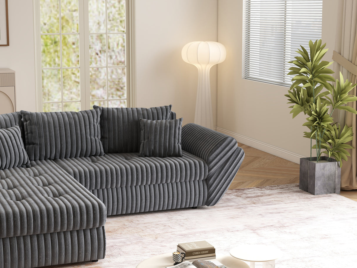 Colțar extensibil dumonde cu ladă de depozitare si sezut confortabil din spuma HR, Loana Gri Ambience 270x185 cm Fabrica