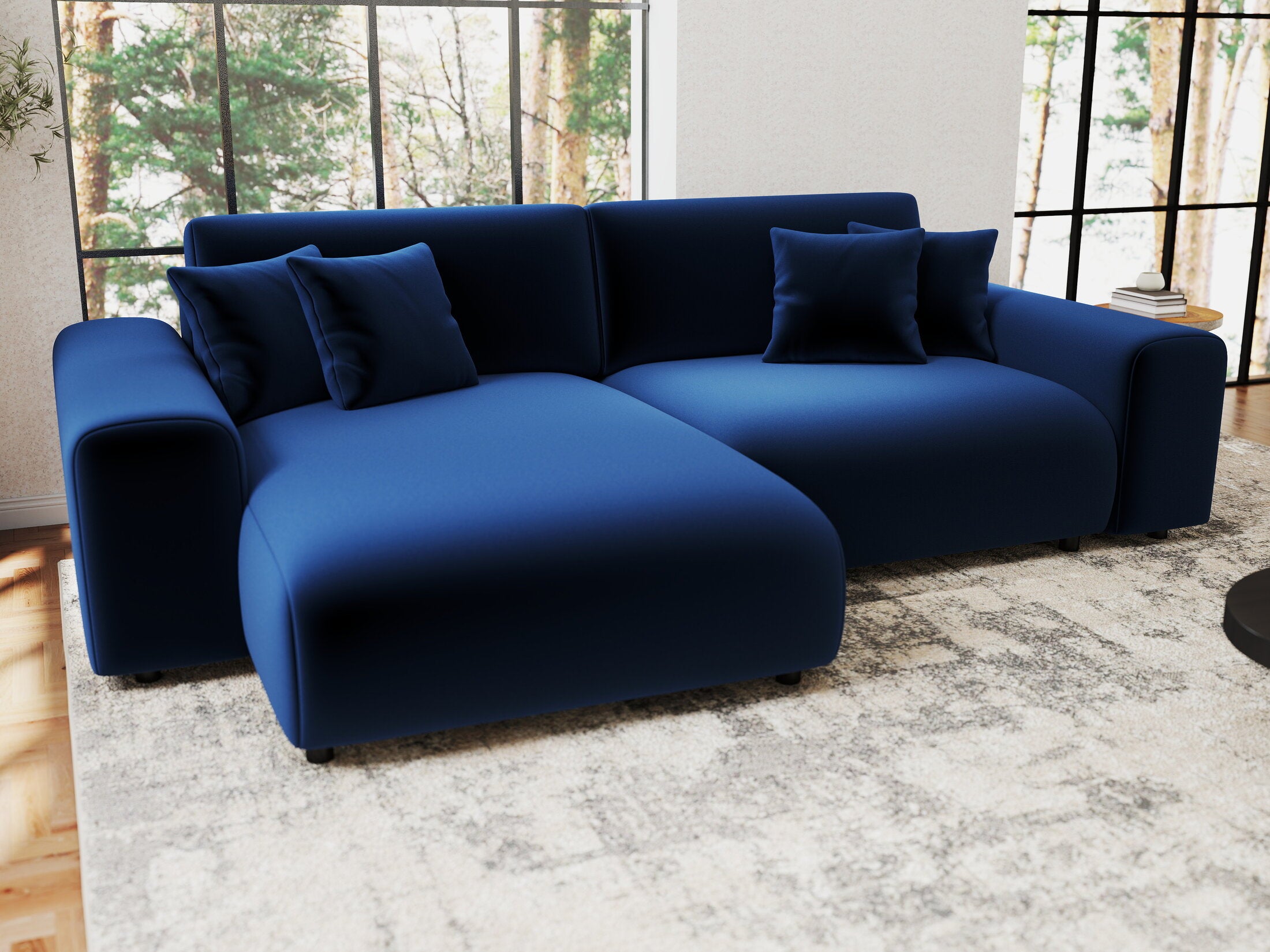 Colțar extensibil dumonde cu ladă de depozitare si sezut confortabil din spuma HR, Sarina Royal Albastru Navy 255x168 cm