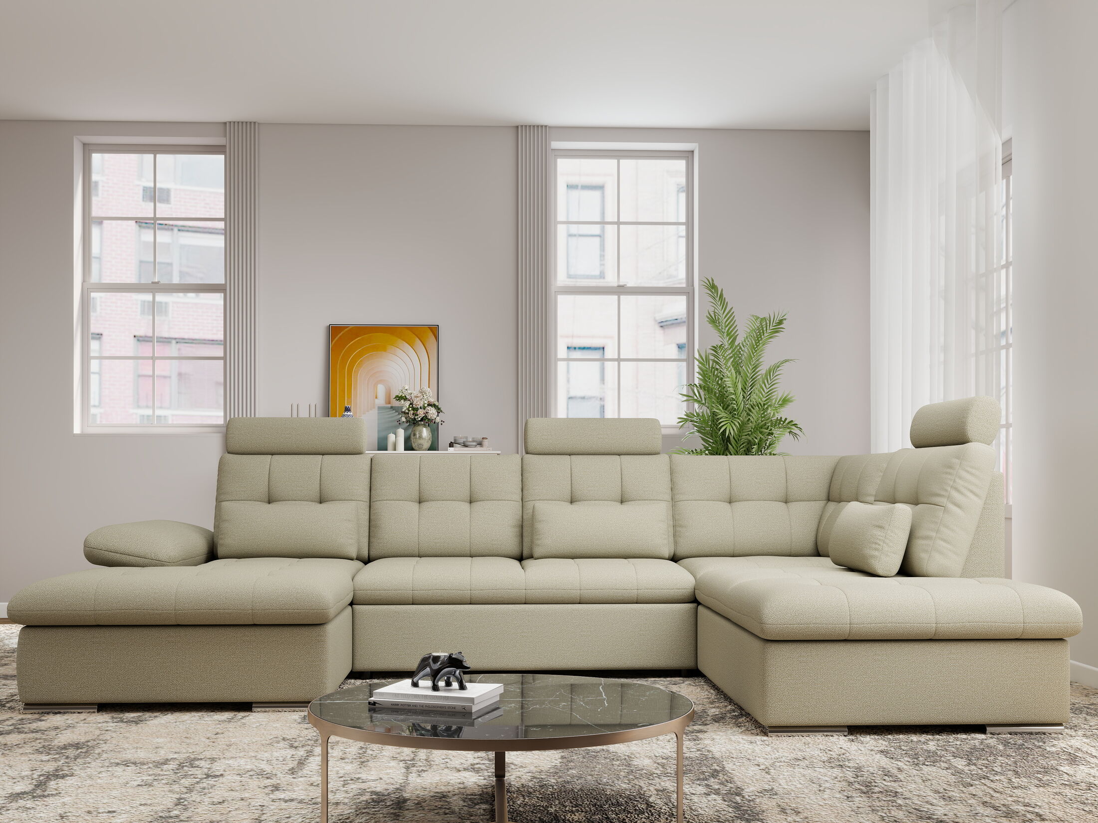 Colțar extensibil dumonde cu ladă de depozitare și șezut confortabil din spumă HR, Merkur U Enjoy Bej 324x218 cm