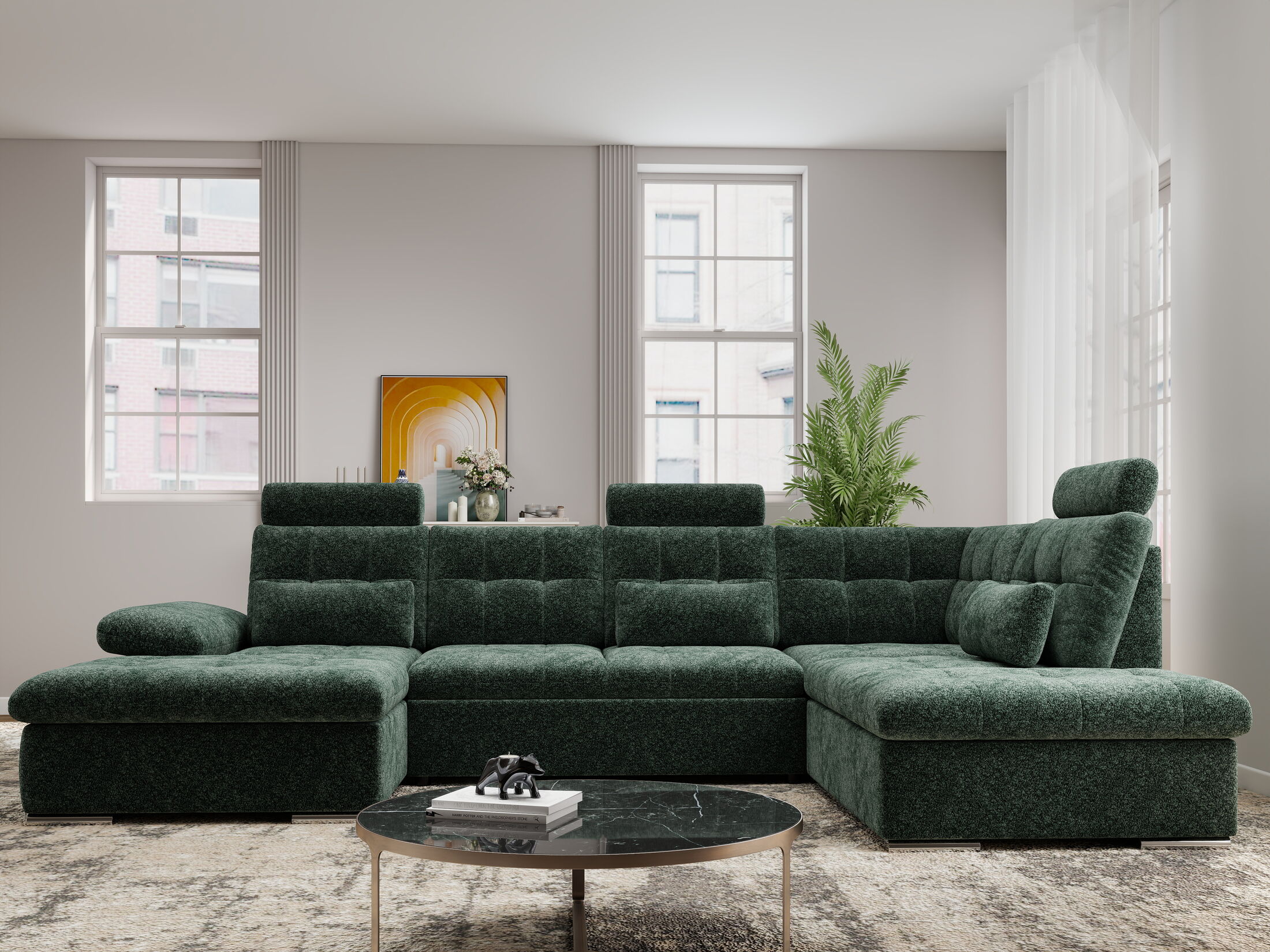 Colțar extensibil dumonde cu ladă de depozitare și șezut confortabil din spumă HR, Merkur U Euphoria Verde 324x218 cm