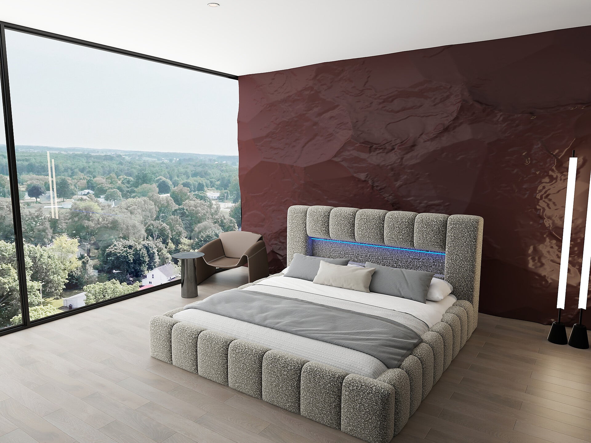 Pat dormitor dumonde, tapitat bej cu LED si USB, Palermo 160x200 cm, somiera rabatabila inclusa, spatiu depozitare