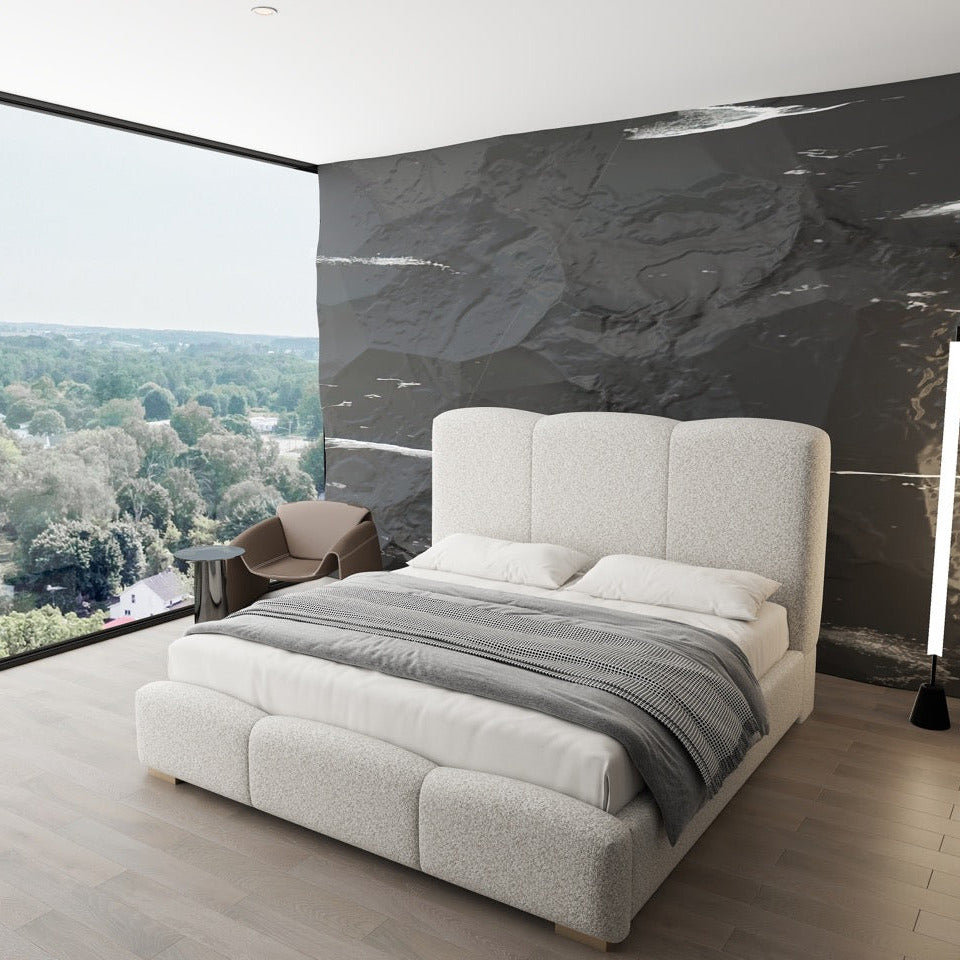 Pat dormitor dumonde, tapitat bej, Havana 160x200 cm, somiera rabatabila inclusa, spatiu depozitare