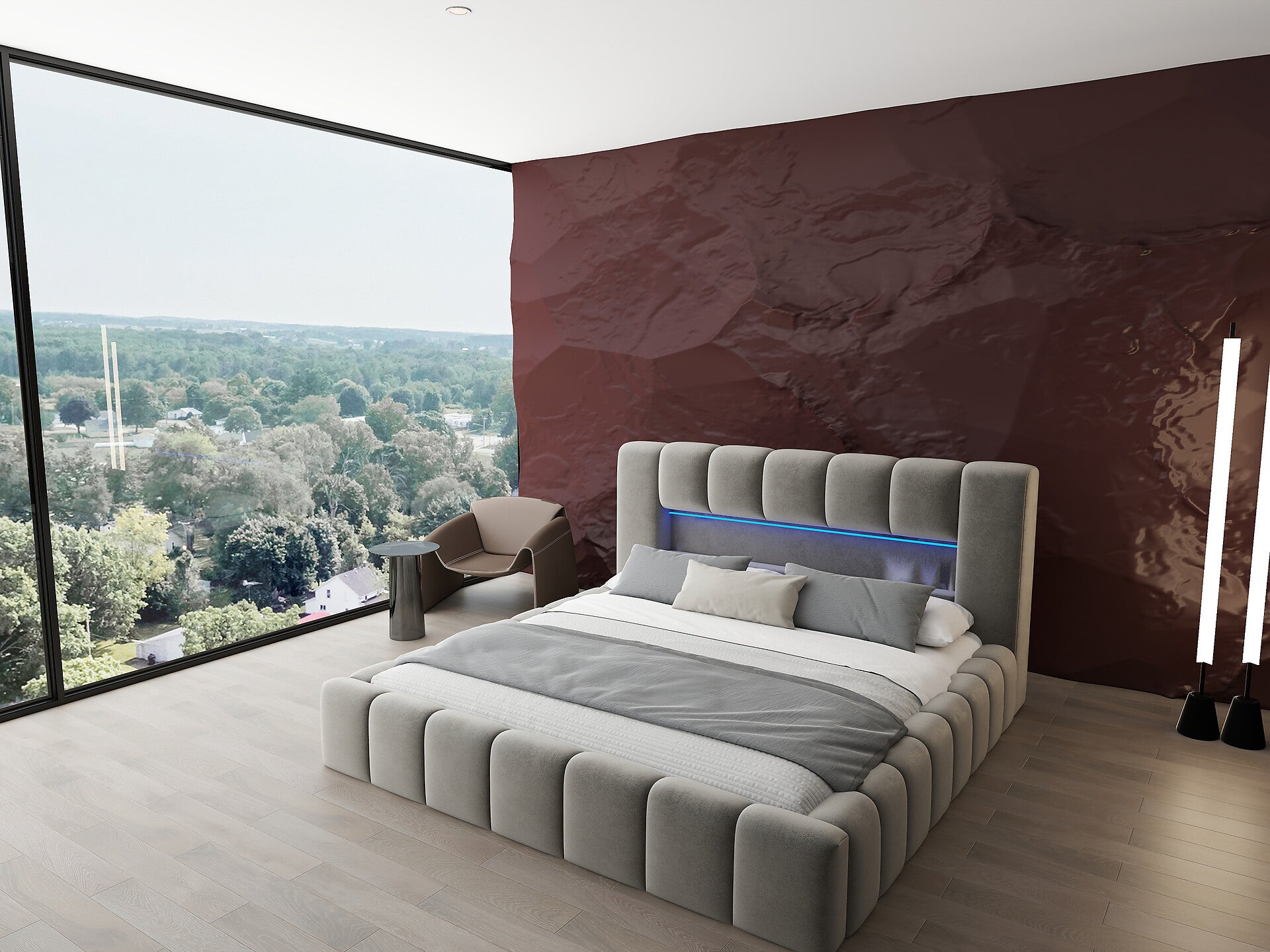 Pat dormitor dumonde, tapitat bej cu LED si USB, Palermo 180x200 cm, somiera rabatabila inclusa, spatiu depozitare