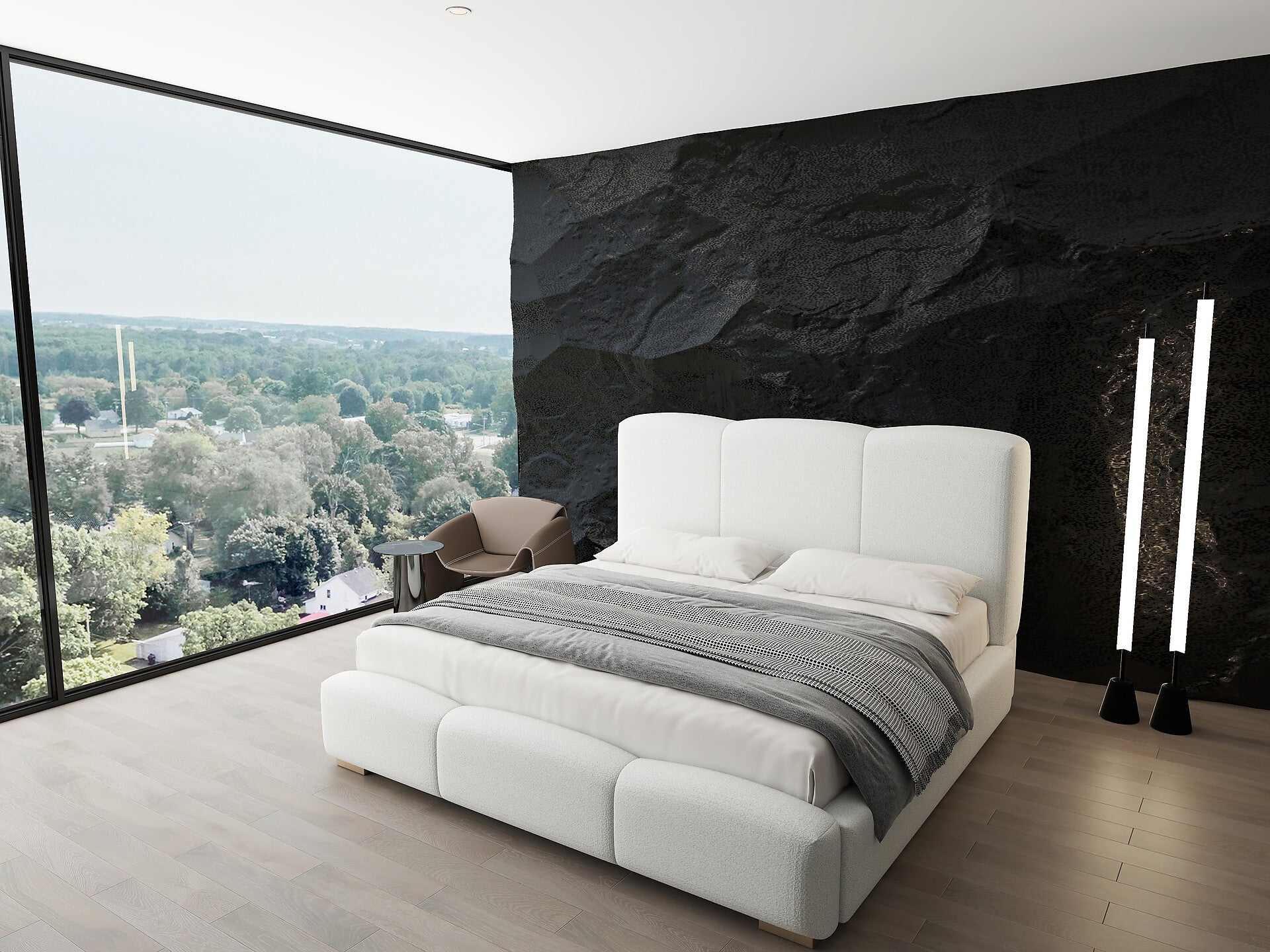 Pat dormitor dumonde, tapitat alb, Havana 180x200 cm, somiera rabatabila inclusa, spatiu depozitare