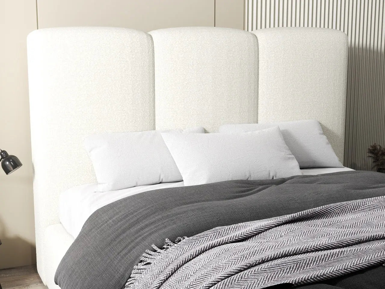 Pat dormitor dumonde, tapitat bej, Dinasty 180x200 cm, somiera rabatabila inclusa, spatiu depozitare WLS