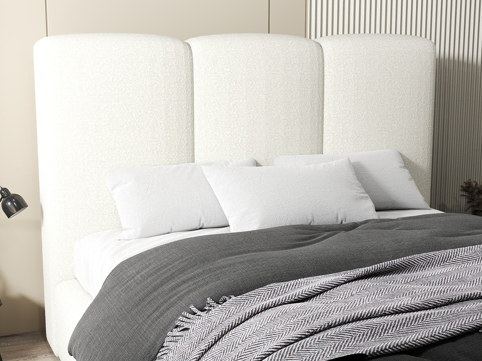 Pat dormitor dumonde, tapitat bej, Dinasty 160x200 cm, somiera rabatabila inclusa, spatiu depozitare