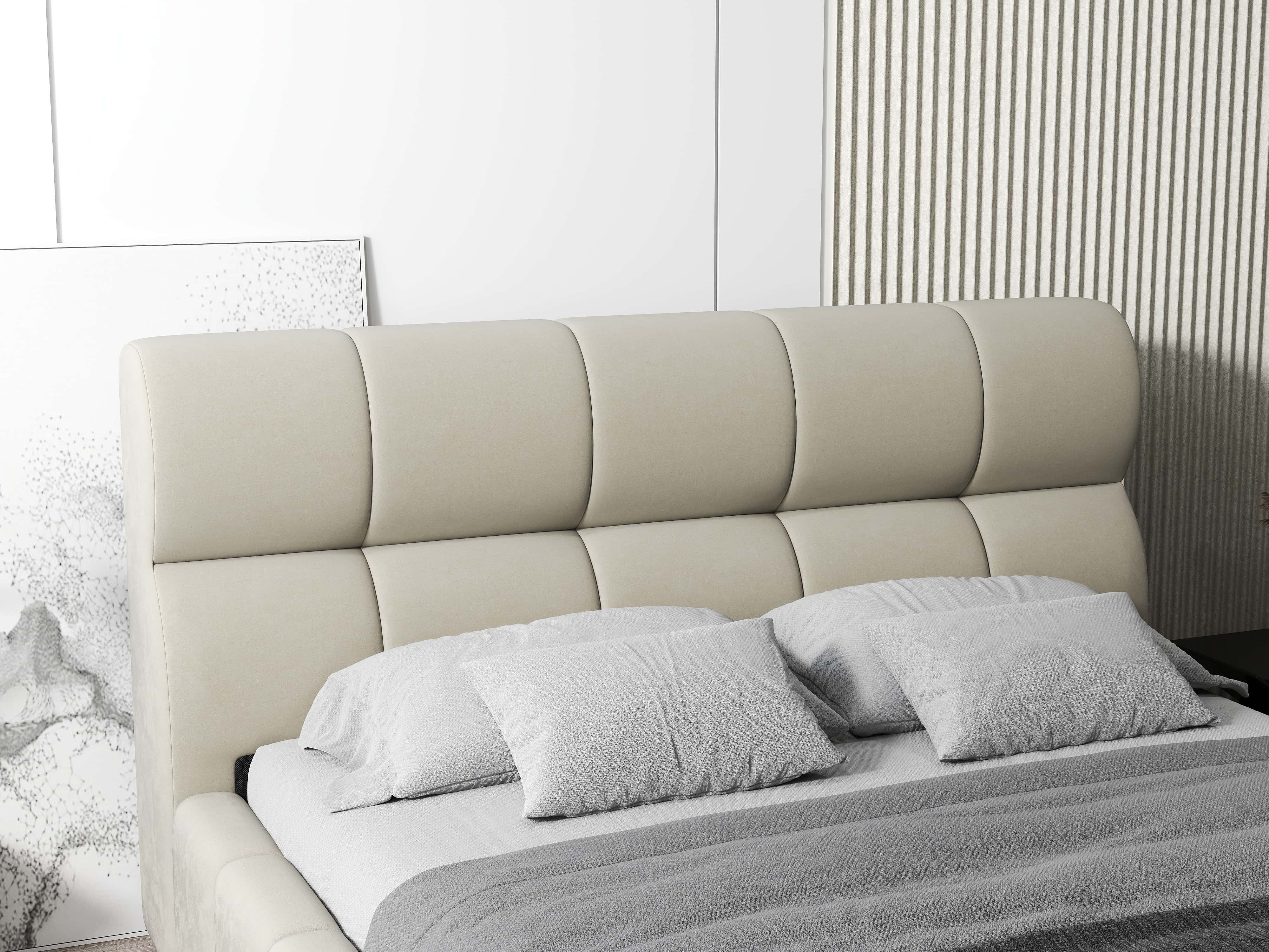 Pat dormitor dumonde, tapitat bej, Prestige 160x200 cm, somiera rabatabila inclusa, spatiu depozitare