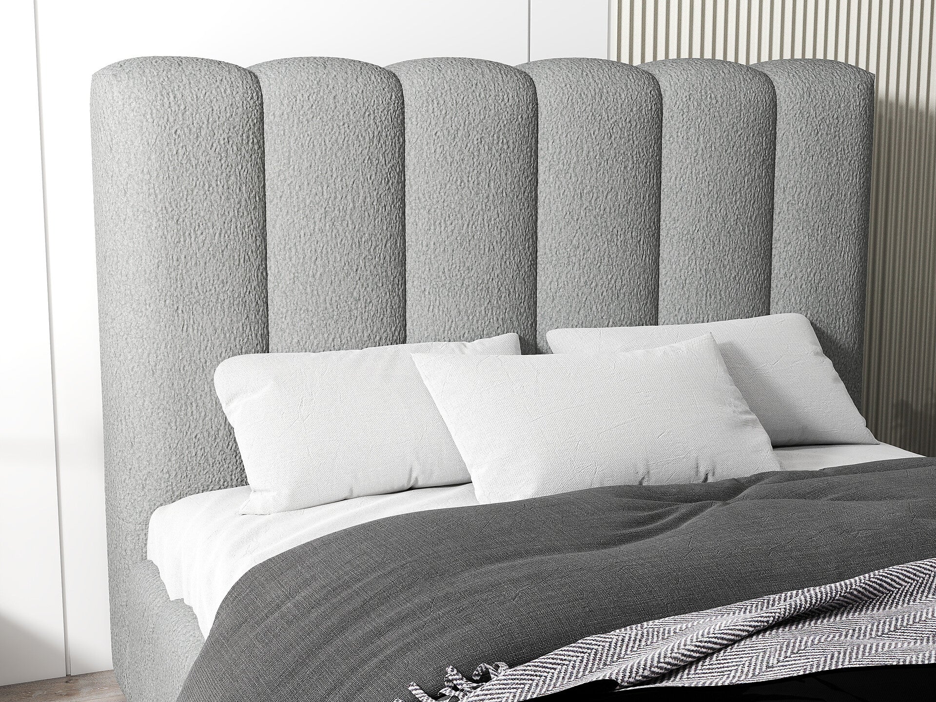 Pat dormitor dumonde, tapitat gri, Milano 140x200 cm, somiera rabatabila inclusa, spatiu depozitare