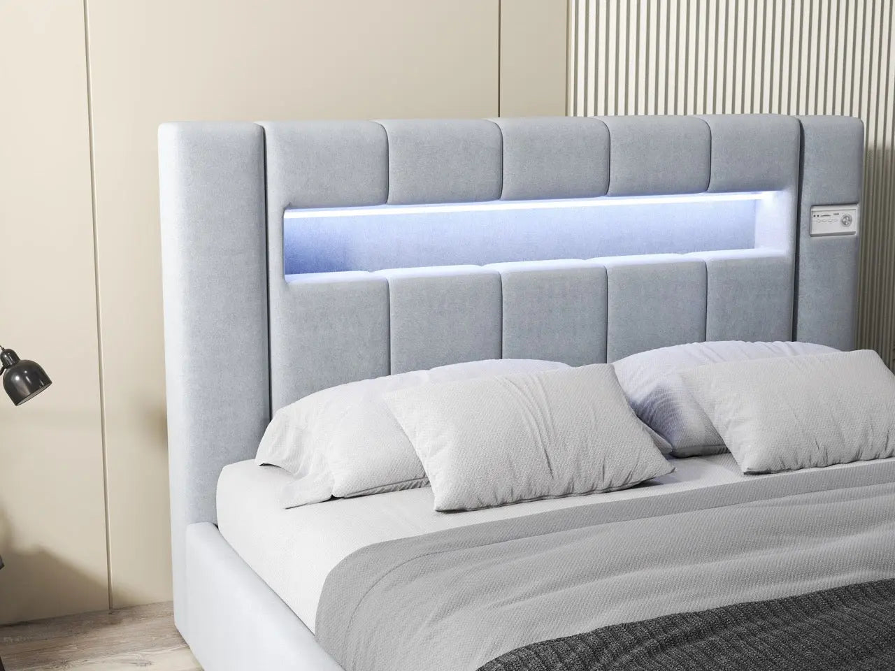 Pat dormitor dumonde, tapitat gri, Glow 180x200 cm, somiera rabatabila inclusa, spatiu depozitare WLS