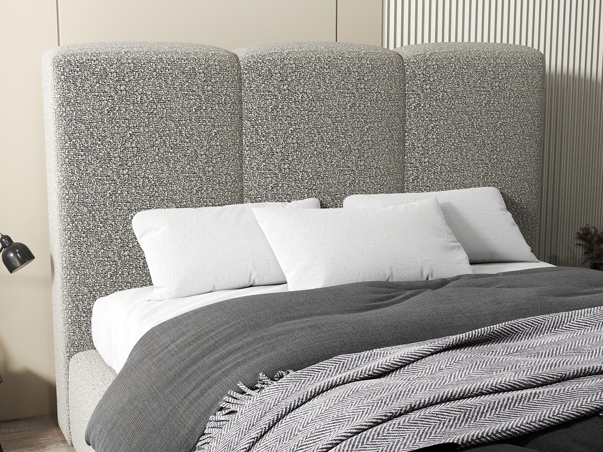 Pat dormitor dumonde, tapitat gri, Dinasty 160x200 cm, somiera rabatabila inclusa, spatiu depozitare