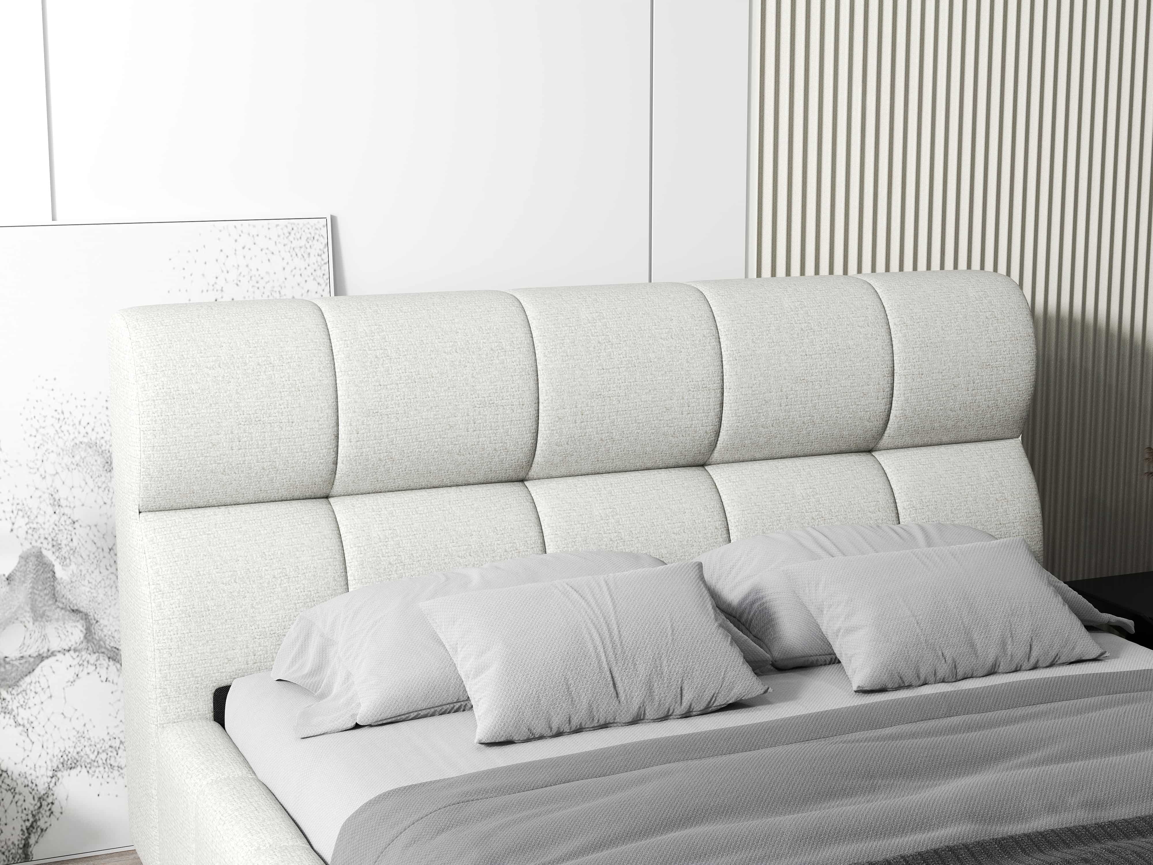 Pat dormitor dumonde, tapitat bej, Prestige 180x200 cm, somiera rabatabila inclusa, spatiu depozitare