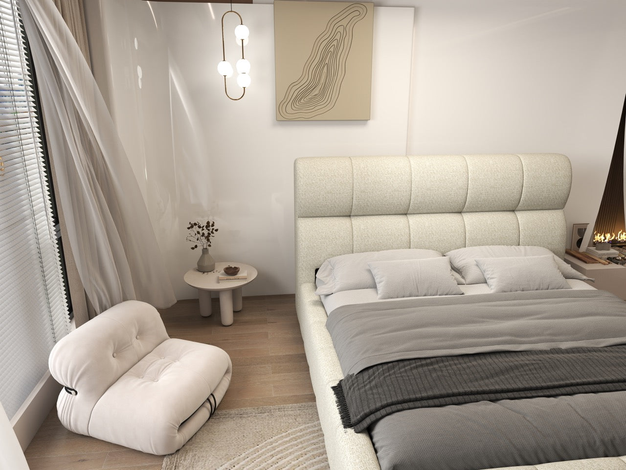 Pat dormitor dumonde, tapitat bej, Prestige 180x200 cm, somiera rabatabila inclusa, spatiu depozitare