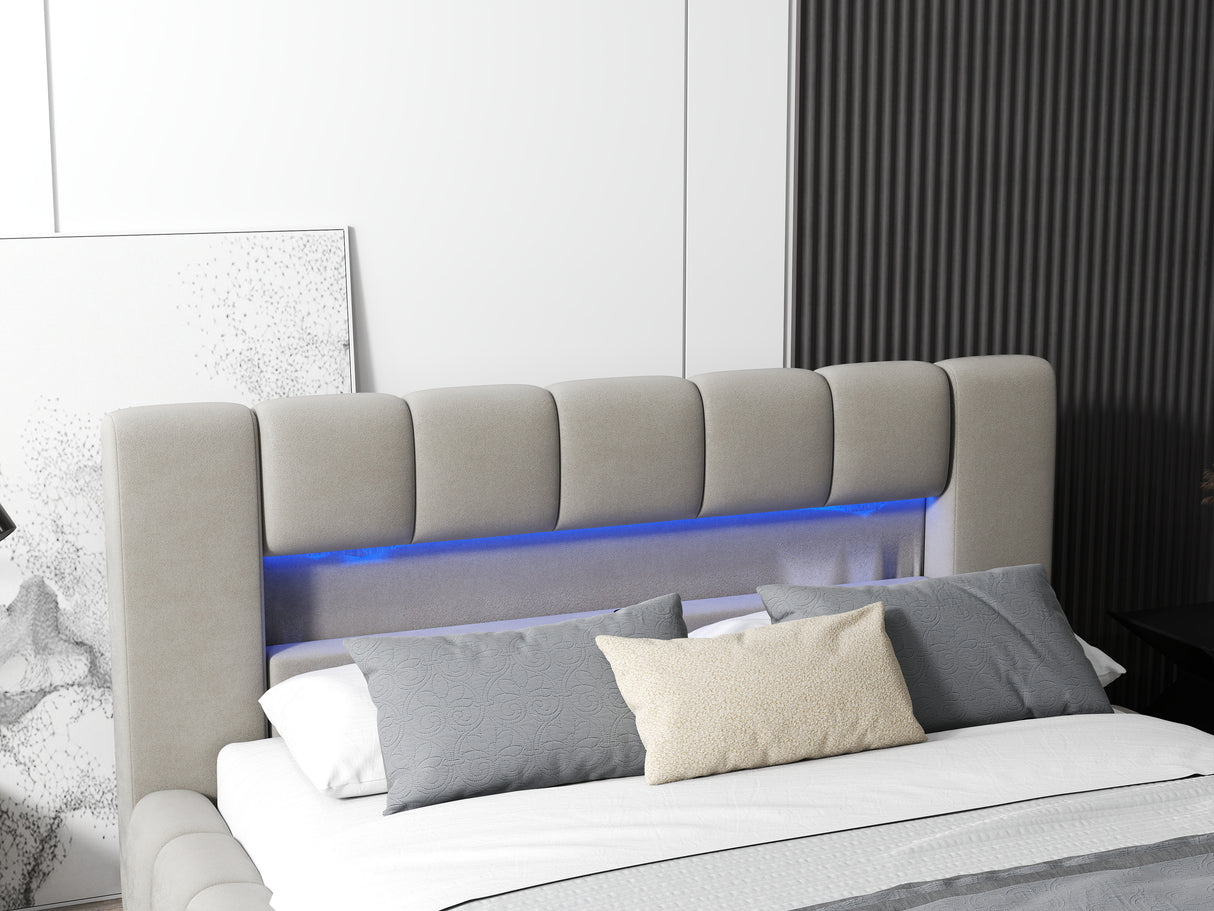 Pat dormitor dumonde, tapitat bej cu LED si USB, Palermo 180x200 cm, somiera rabatabila inclusa, spatiu depozitare