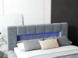 Pat dormitor dumonde, tapitat gri cu LED si USB, Palermo 160x200 cm, somiera rabatabila inclusa, spatiu depozitare