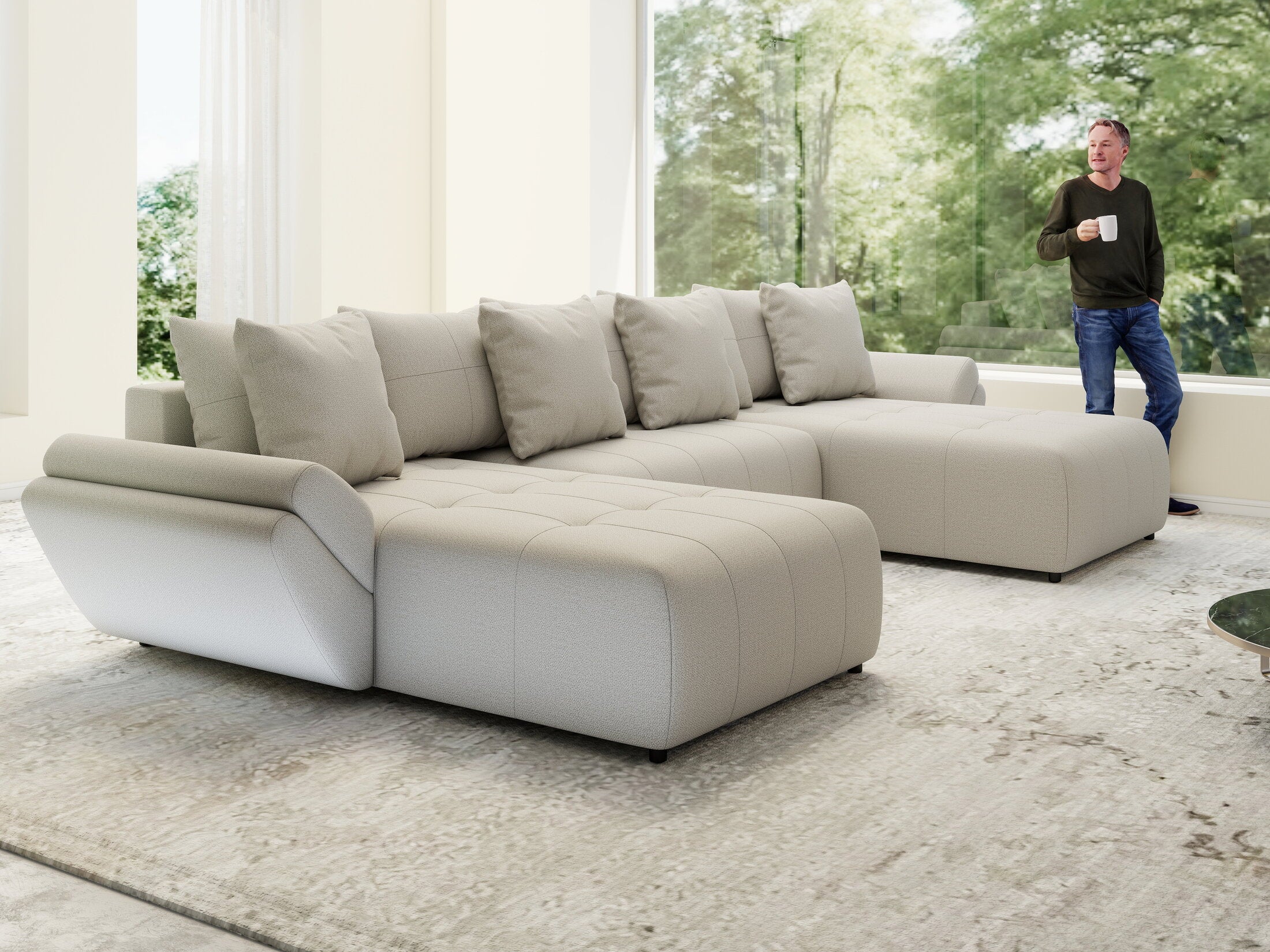 Colțar extensibil dumonde cu ladă de depozitare si sezut confortabil din spuma HR, Berlin U Enjoy Bej 380x180 cm