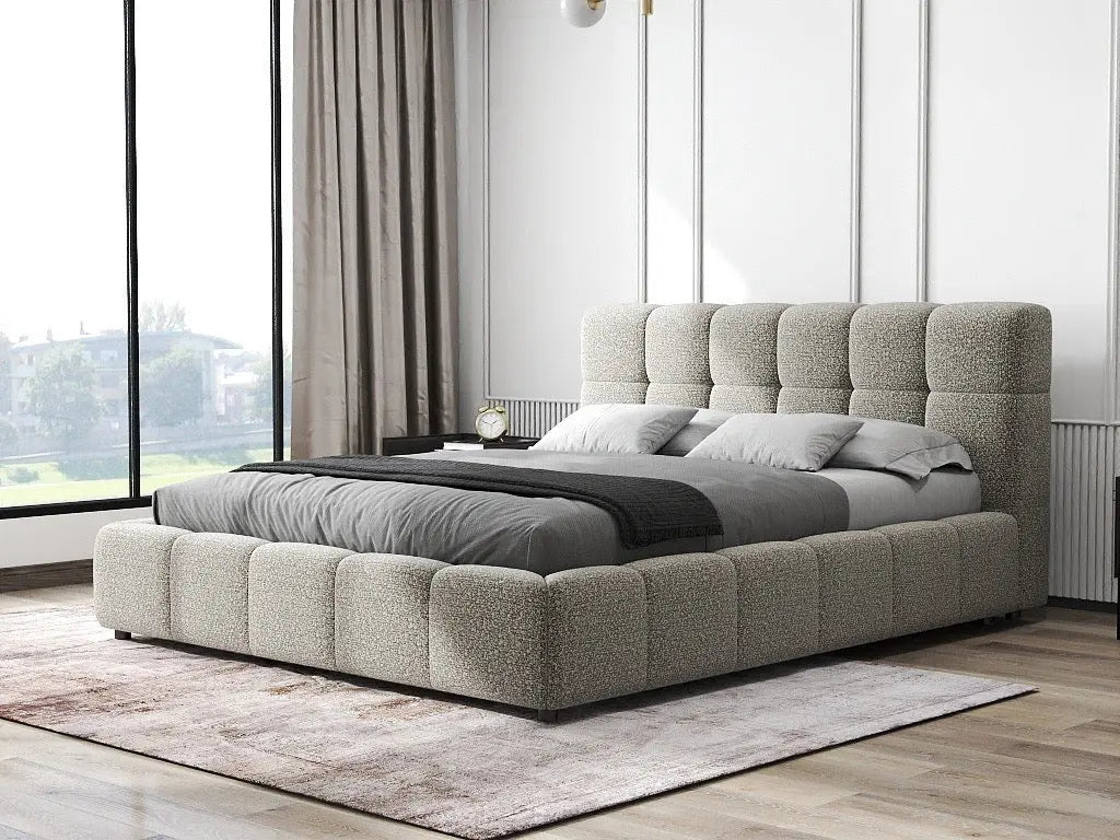 Pat dormitor dumonde, tapitat gri, Lorenzo 140x200 cm, somiera rabatabila inclusa, spatiu depozitare WLS